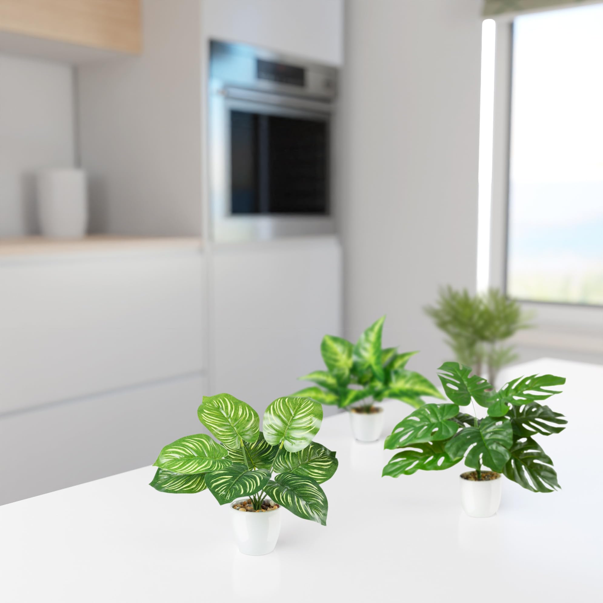 PASCH® Lot de 4 plantes tropicales artificielles comme de vraies plantes (25 cm) dans des pots en céramique blanche : entre autres Monstera artificiel & Palmier artificiel Areca | Plantes