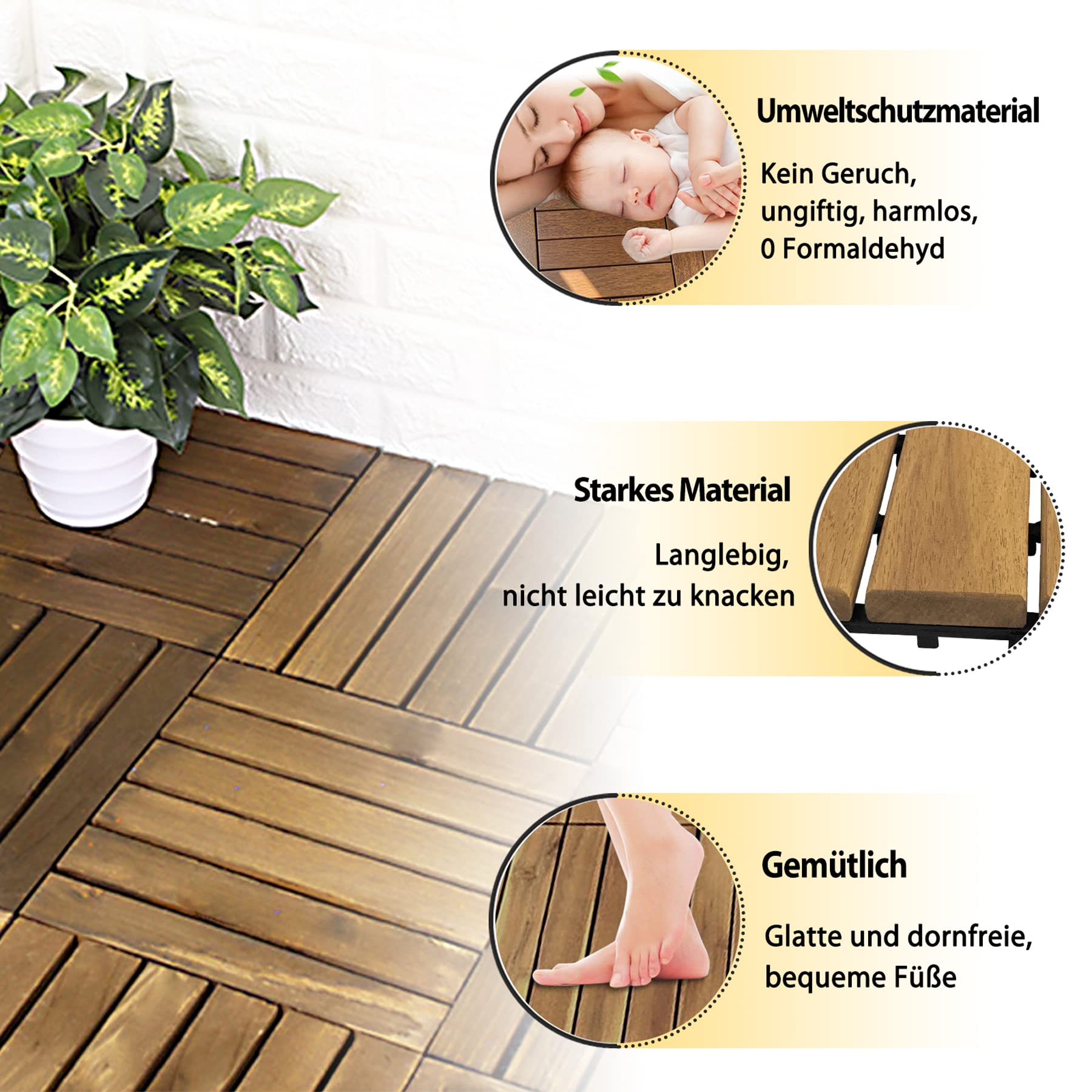 Froadp 3 m² Holzfliesen 30x30 cm aus Akazien-Holz mit Klicksystem Terrassenfliesen Balkon Bodenbelag Klickfliesen Wetterfest Balkonfliesen Gartenfliesen für Terrasse Garten Balkon (33 Stück, Type A)