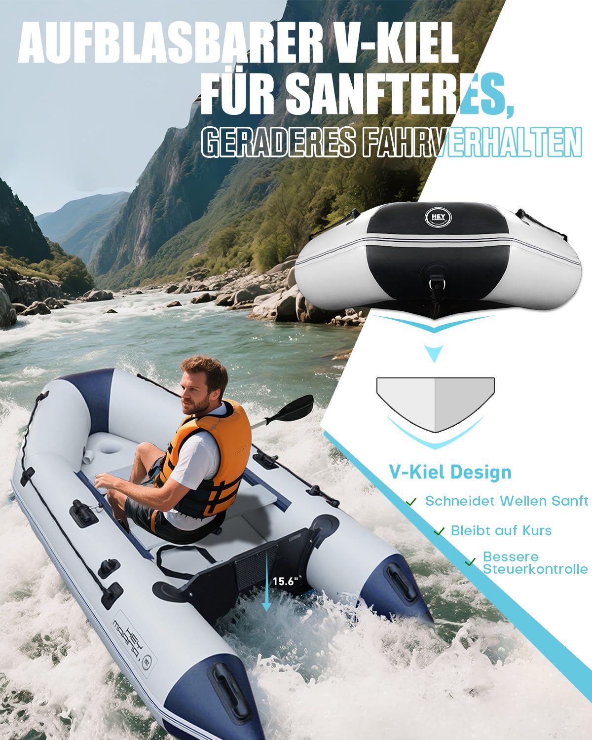 Hey Marina Schlauchboot Aufblasbares 3 m für 3–4 Personen – Wave, Motor geeignet, Freizeitboot, Paddelboot, Angelboot – Mit 2 Sitzbänken, Drop-Stitch-Boden, Paddel, Pumpe, Reparaturset & Tasche
