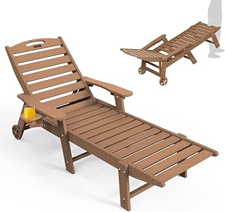 CIOKEA Oversized Outdoor Lounge Chair, 5-Position Adjustable HDPE Chaise with Wheels, Cup Holder, 450lb Capacity for Patio Poolside Deck