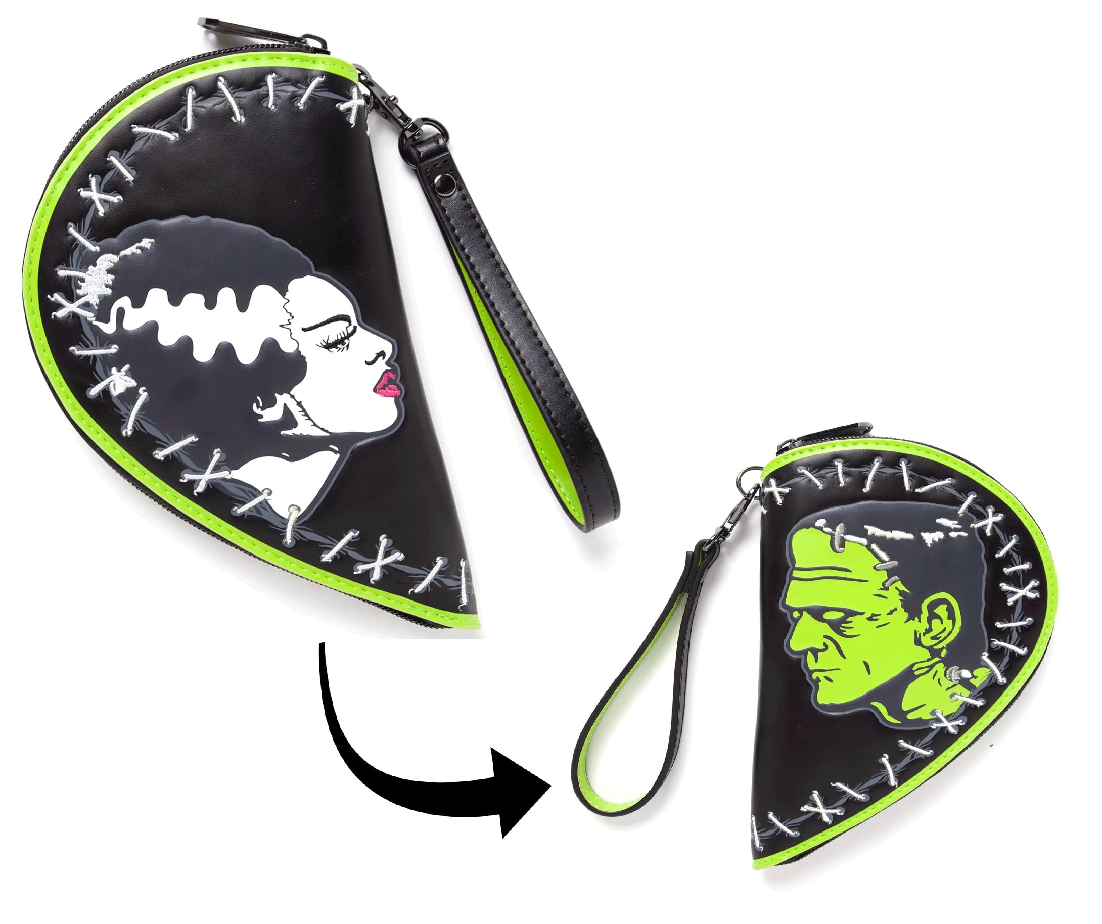 Bride & Frankenstein Clutch Stitch Heart Shaped Wristlet Zip Around Wallet
