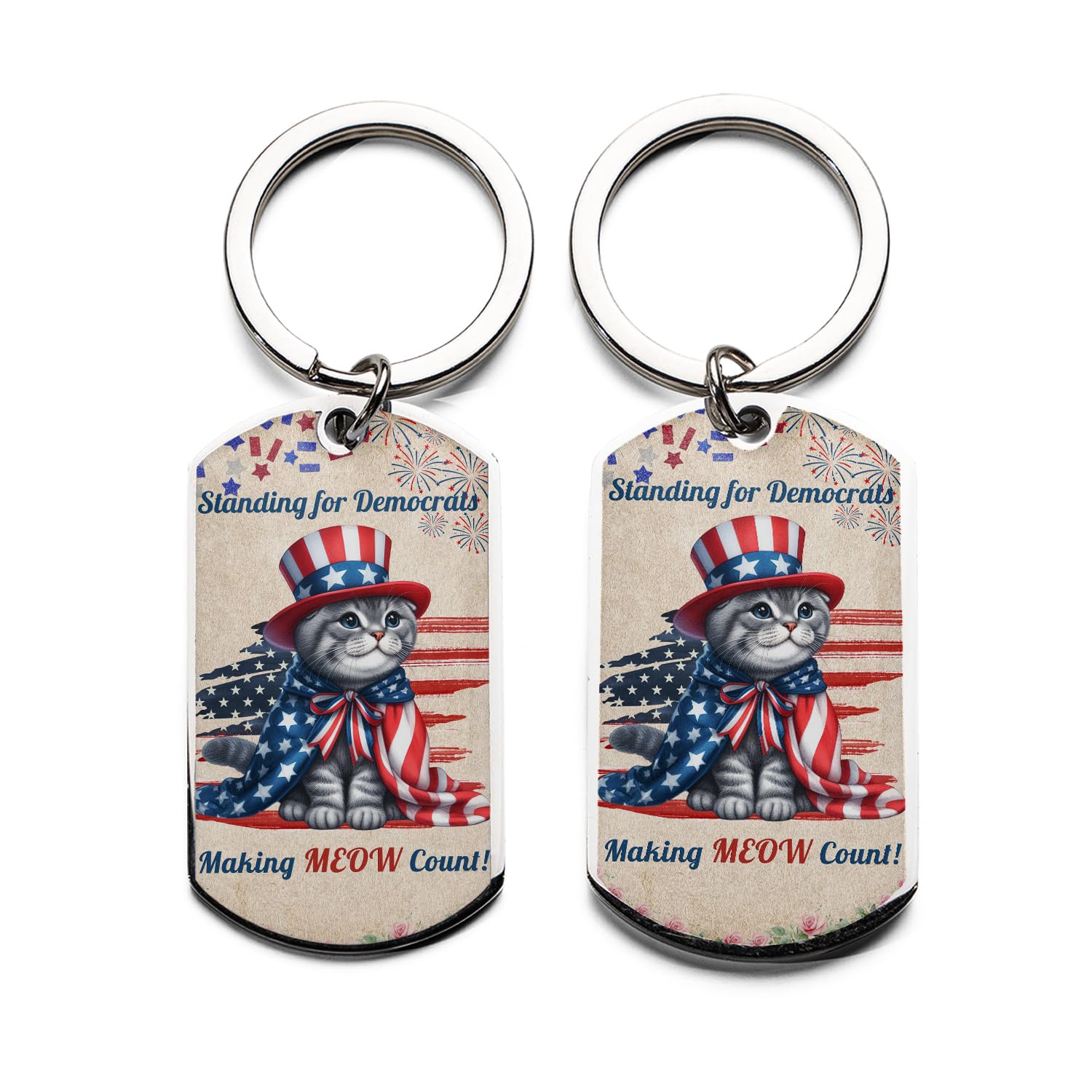 Ninety3POD Democratic Scottish Fold Cat Making Meow Count Election 2024 Stainless Steel Keychain Cat Lover Kitten Owner Gifts Idea Collar Charm Tag Keyring - 001