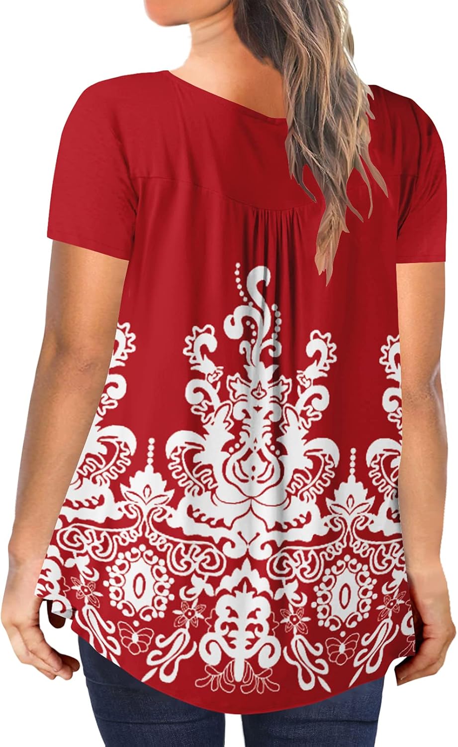 BeadChica Women's Plus Size Tunic Tops Casual Flowy Tshirts Ruched Botton Up Short Sleeve Blouses-Floral-XL Red White - Image 3
