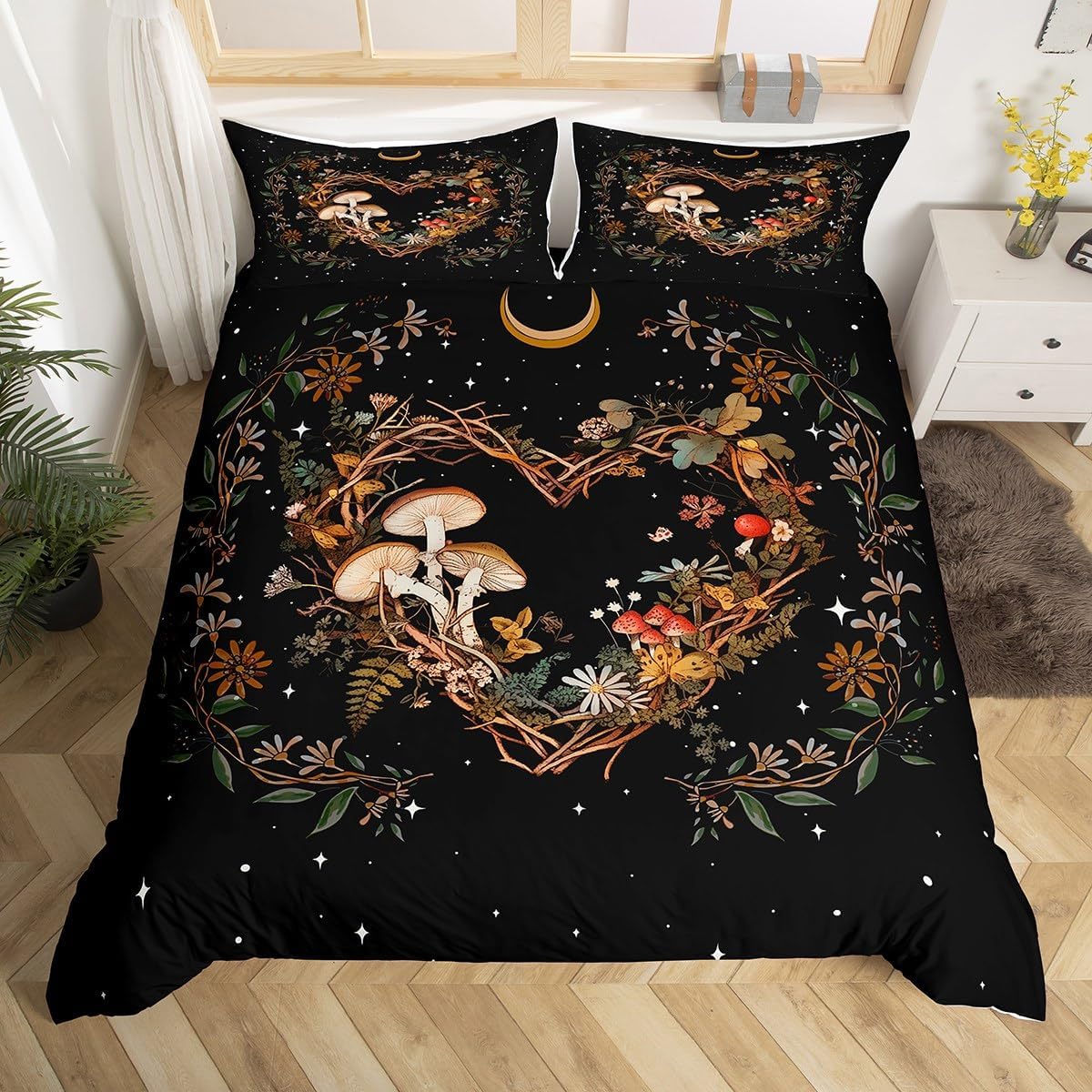 Manfei Mushroom Duvet Cover,Rustic Nature Botanical Plants Leaves Daisy Print King Size Duvet Cover for Kids Adults,Love Heart Tribal Moon Starry Soft Comforter Cover(No Filler) with Zipper Closure