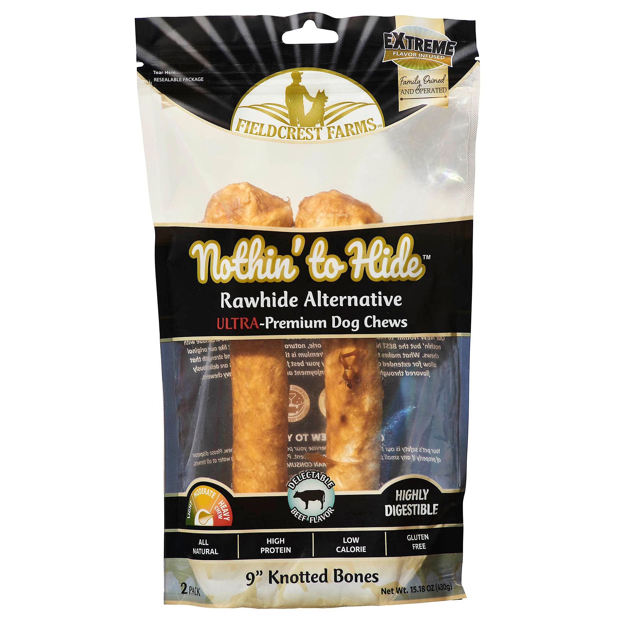 Fieldcrest Farms Nothin’ to Hide Ultra Knotted Bones – Collagen-Based Rawhide Alternative Dog Chews, Beef Flavor, Highly Digestible for Aggressive Chewers up to 35 lbs, 9-Inch, 2 Pack