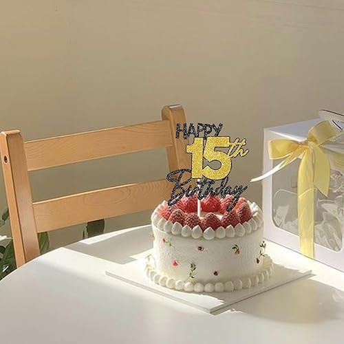 Miniatura 6 de 1 paquete de decoración de pastel de feliz cumpleaños 15 cumpleaños negro dorado purpurina Cheers to 15 años Birthday Cake Pick 15 fabulosa