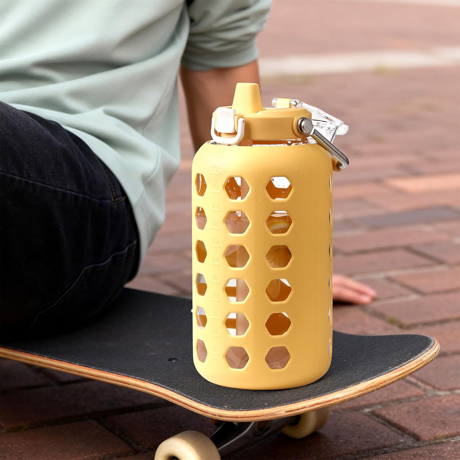 MUKOKO 84 oz Glass Water Bottles,2.5 Liter Gallon Drinking Bottle with Handle,Large Glass Water Jug with Silicone Sleeve for Gym Sports,Time Marker,Wide Mouth,Yellow - Image 6