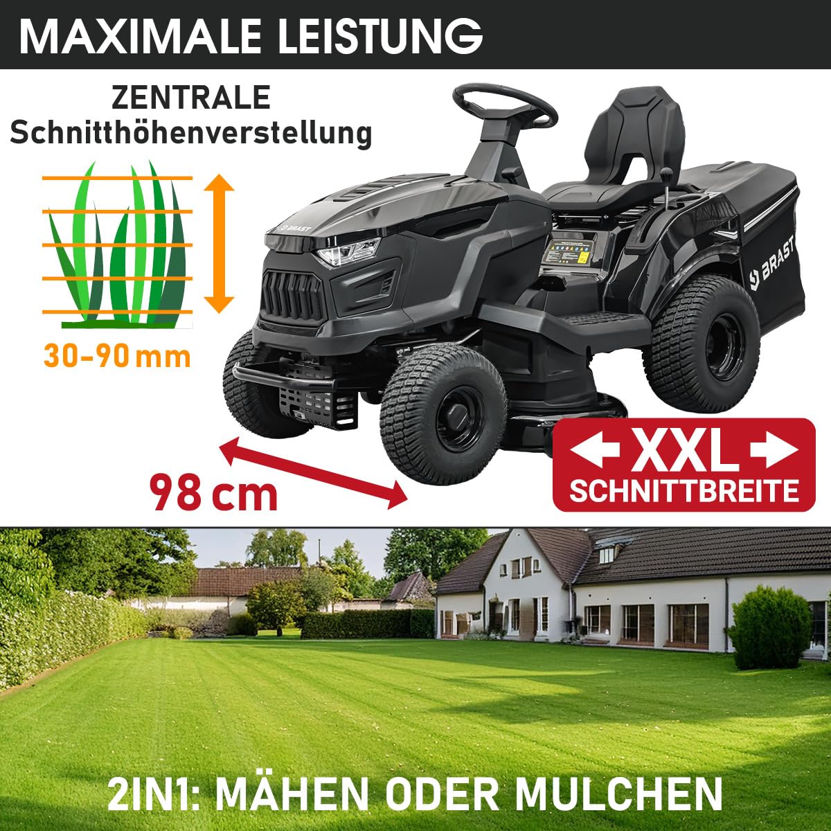 BRAST Benzin Rasentraktor Aufsitzmäher | 9,2 kW (12,5 PS) | Elektrostart | XXL Schnittbreite 98cm | 2in1-Funktion | 7-Gang-Getriebe | 245L Fangkorb | für große Rasenflächen 1.000-5.000 m²