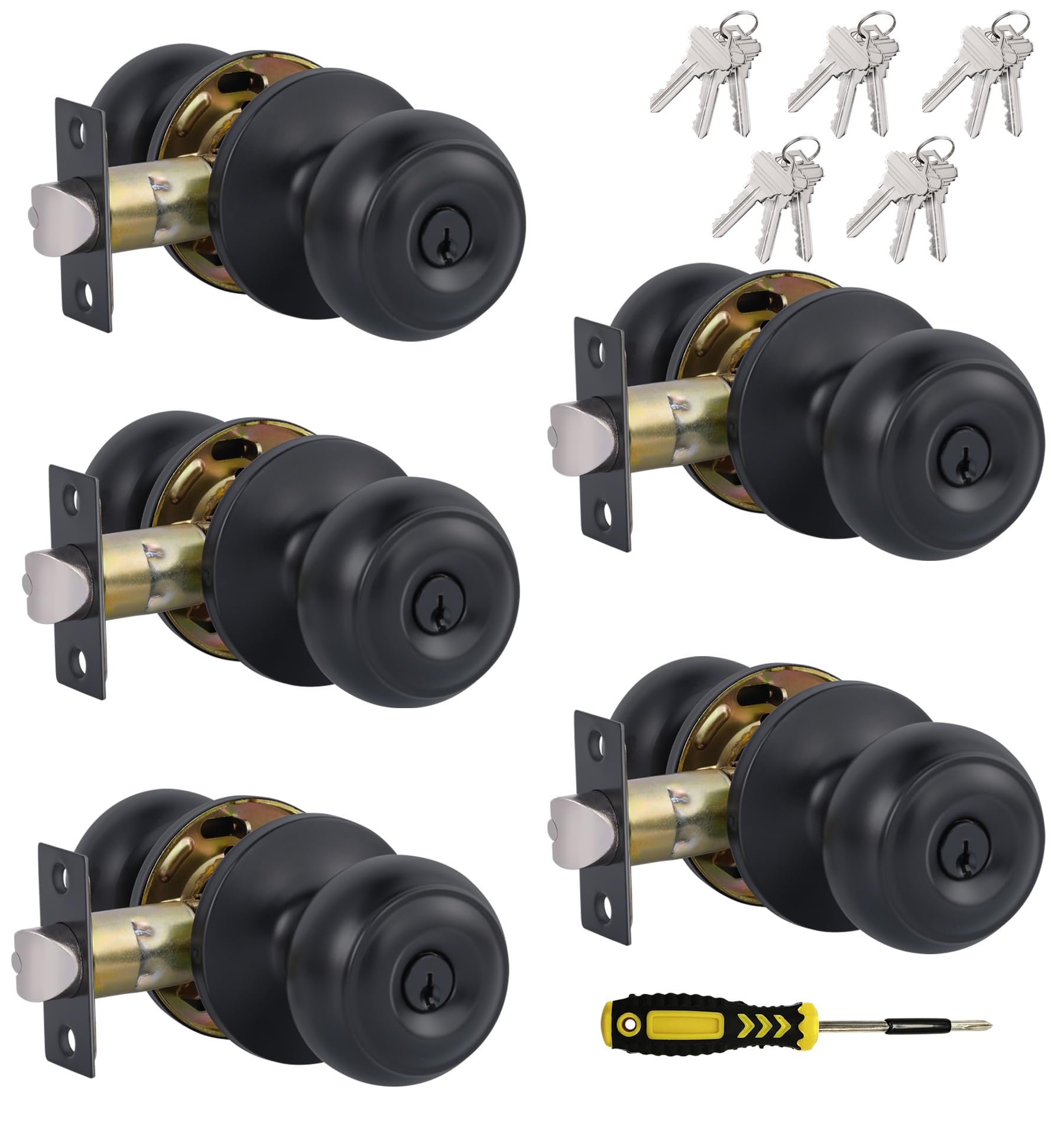 Lanwandeng (6 Pack) Entry Door Knobs with Lock and Keyed Alike, Interior/Exterior Flat Ball Door Locks for Bedroom/Bathroom/Front/Offic Doors, Matte Black Finish