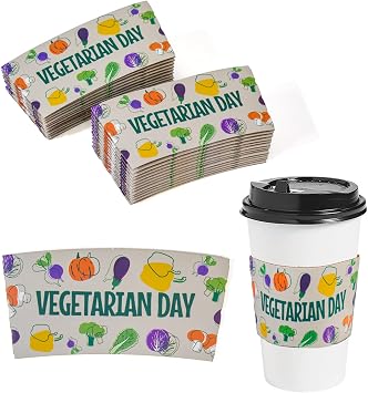 20 Pieces Vegetarian day Coffee Cups Sleeves Bulk for 12oz, 16oz Disposable Cup Sleeves with Vegetable Patterns for Tea Hot Chocolate Cocoa Cold Beverage Funny Vegan Gifts Ideas for Men and Women