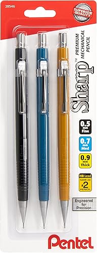 Pentel Sharp - Paquete de 3 lápices mecánicos surtidos (1 cada uno de 0.020in, 0.028in, 0.035in)