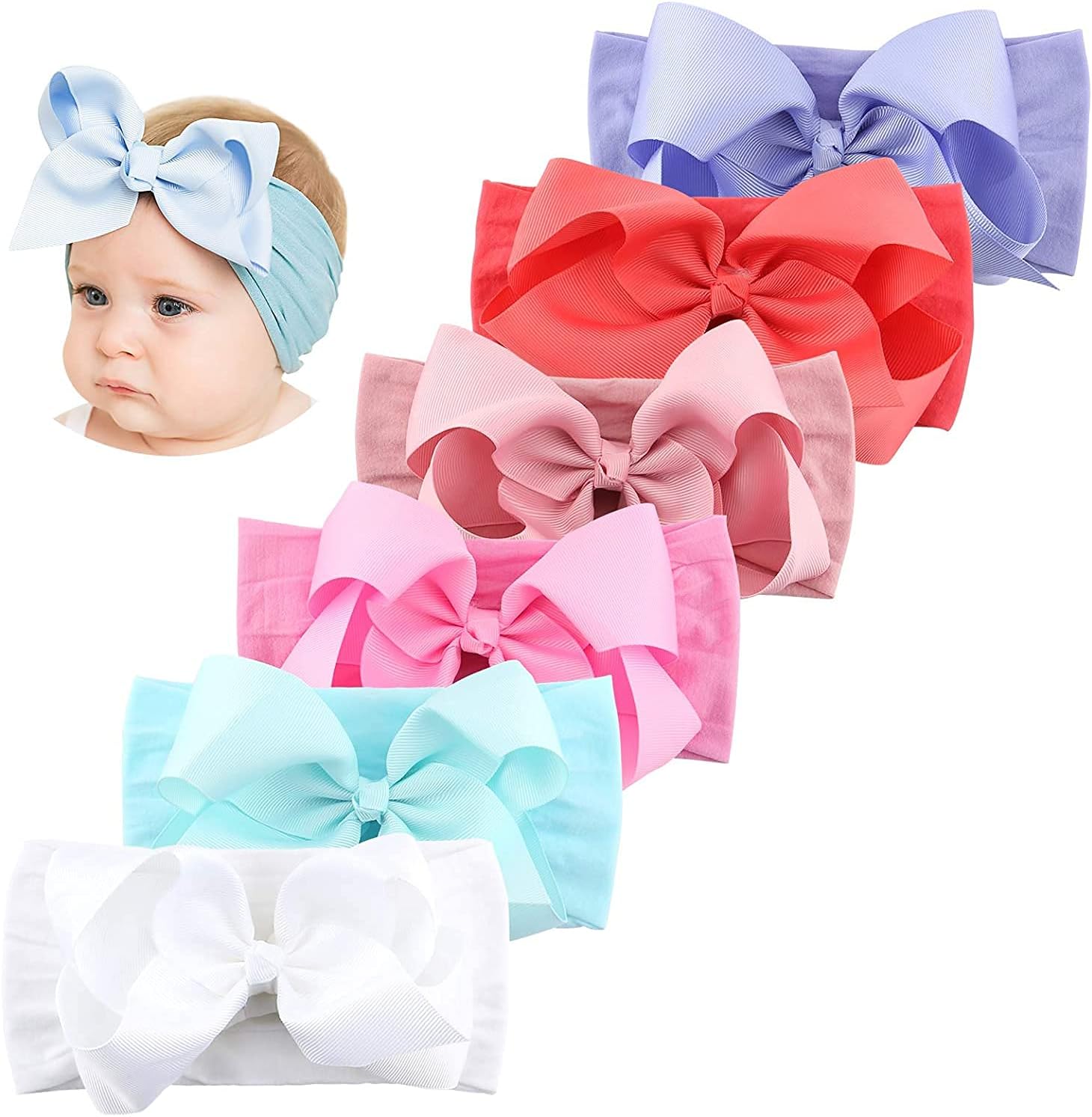 Makone6PCS Nylon Headbands for Baby Girl, Handmade Hairbands with Bows Stretchy 5.5 inch Hair Bow for Kids Toddlers Infants Newborn