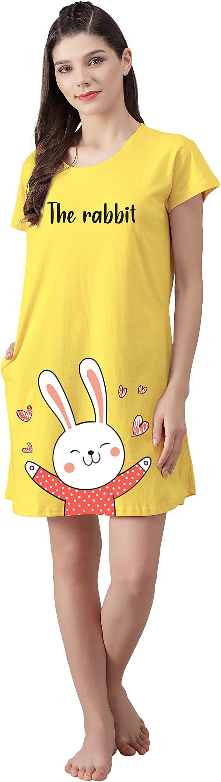 FflirtygoLong Nightwear T-Shirt for Women, Yellow Color Short Nighty for Women with The Rabbit Printed, Night Dress for Women Soft Cotton Loose Fit