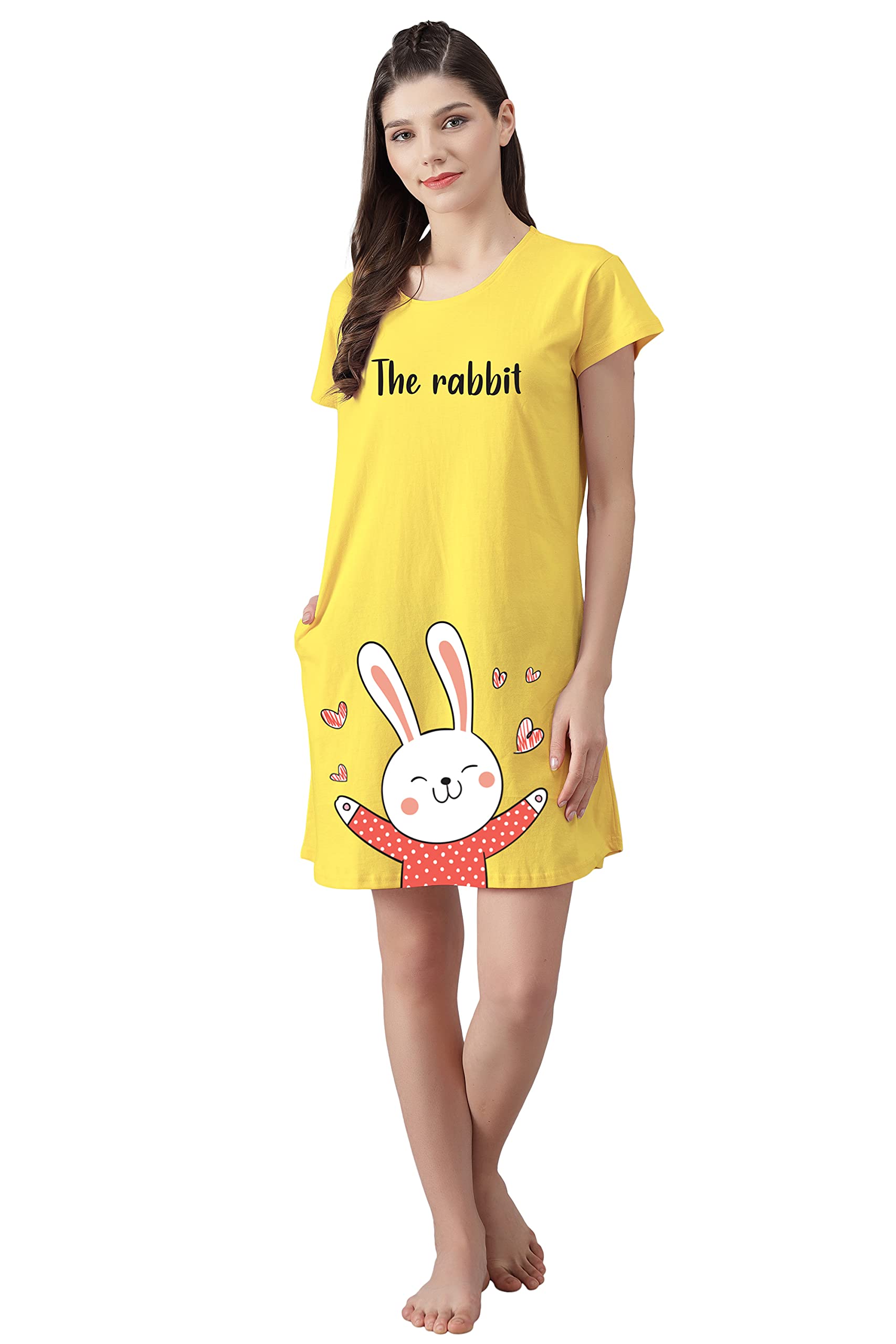 FflirtygoLong Nightwear T-Shirt for Women, Yellow Color Short Nighty for Women with The Rabbit Printed, Night Dress for Women Soft Cotton Loose Fit