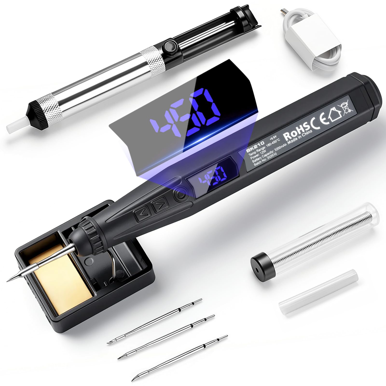 SMOOL Soldador Inalámbrico 12W, Calentamiento 8s, Batería 3200mAh, Temp. 180-450℃ LCD PID, Reposo Automático, 3 Puntas C210 para Reparación Electrónica y Bricolaje