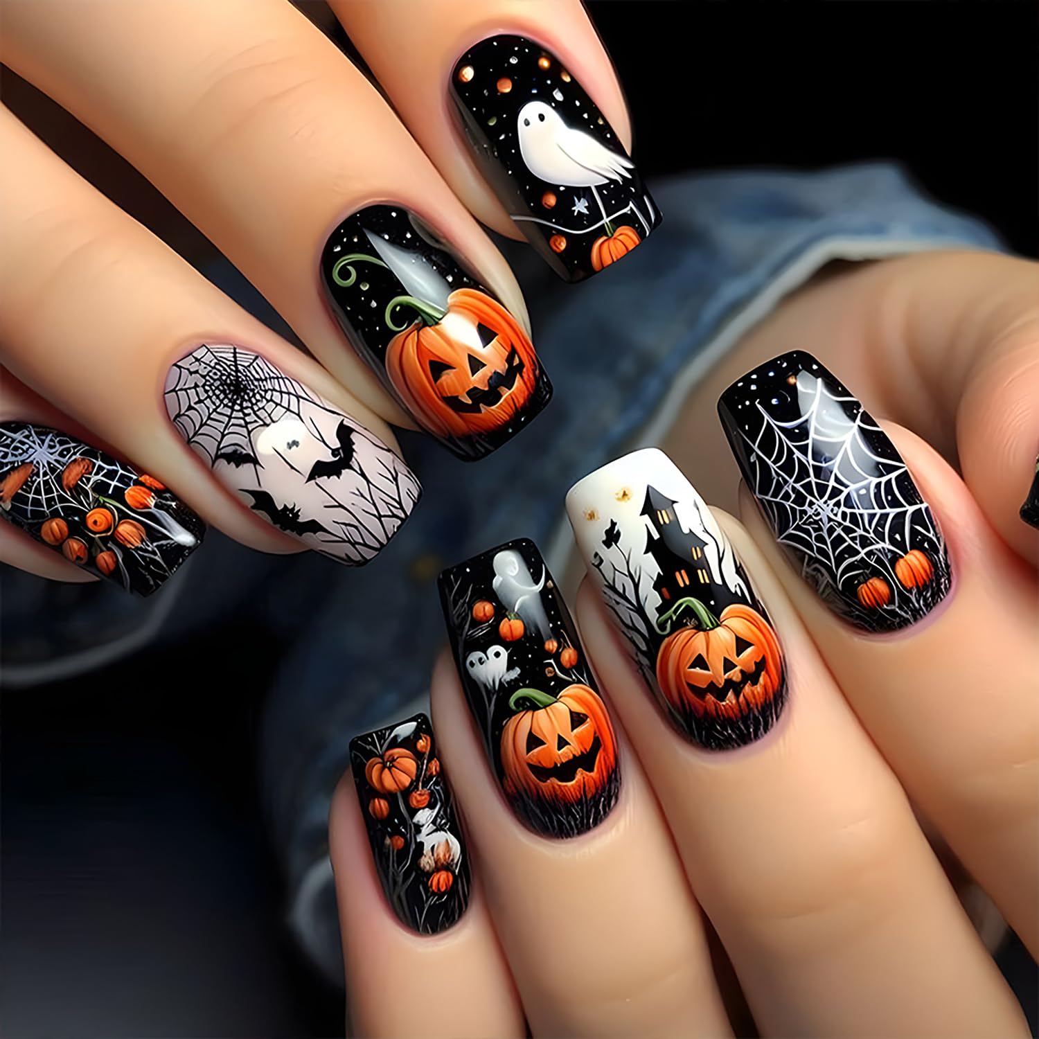 Halloween Ghost Press On Nails Medium Square Fake Nails Press Ons Glossy False Nails With Terror Pumpkin Old Castle Design Stick On Nails Spider Web