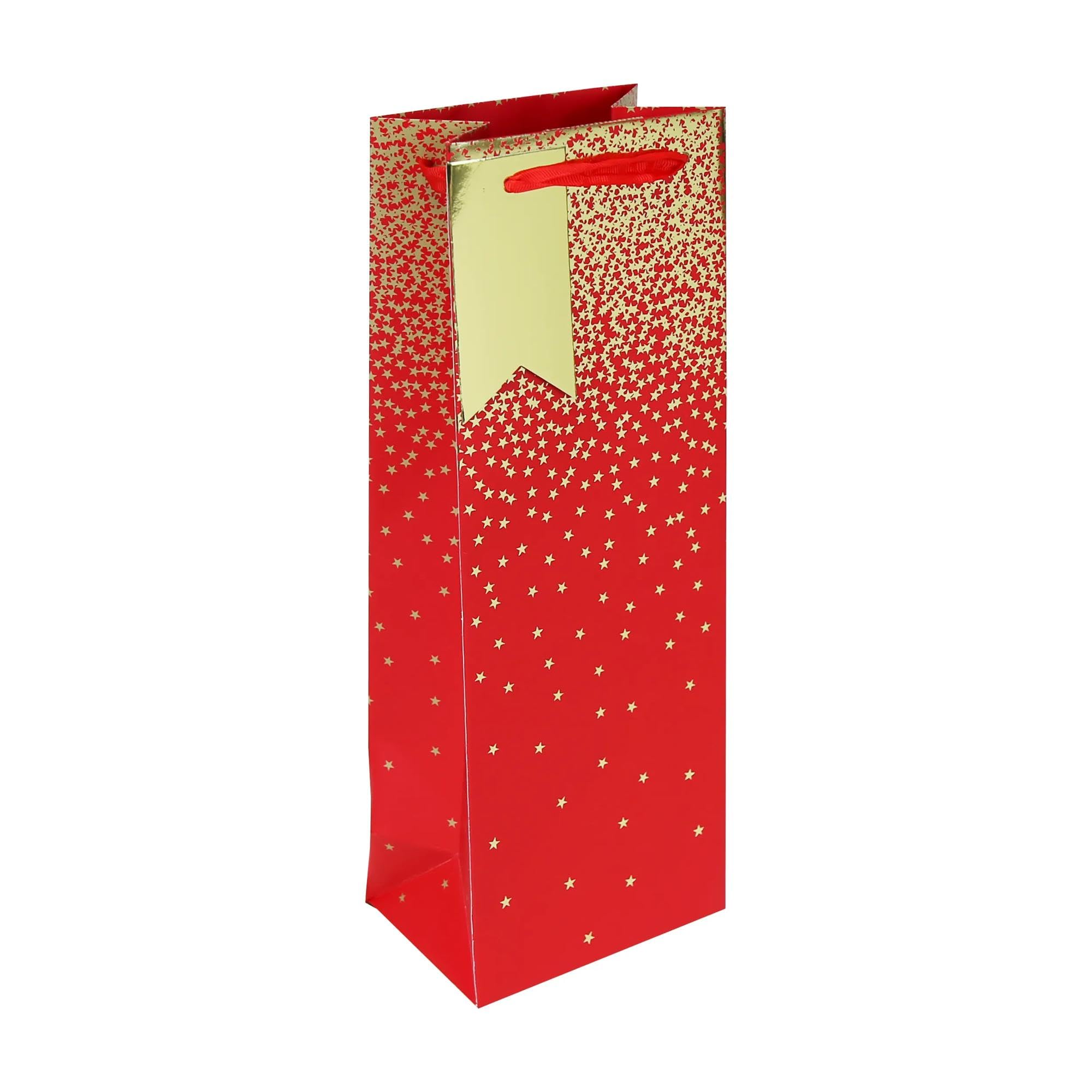 Eurowrap 34831-4C - Pluie d'étoiles Fond Rouge, sac bouteille 12,7x9x35,5 cm - PAQ DE 6