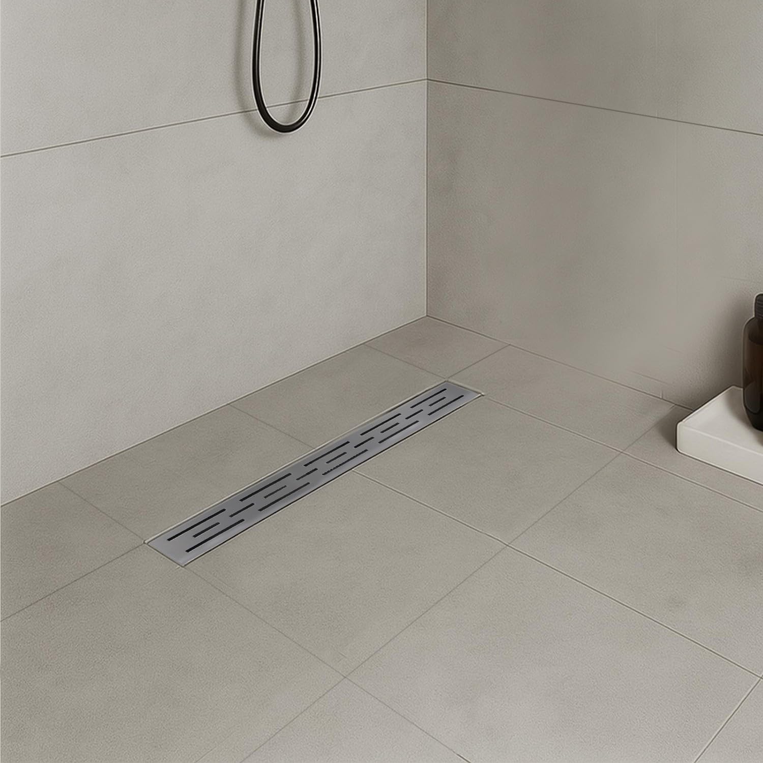 JAZY Caniveau de douche L.110 cm design linéaire, acier inoxydable, siphon anti-odeurs, drainage élevé