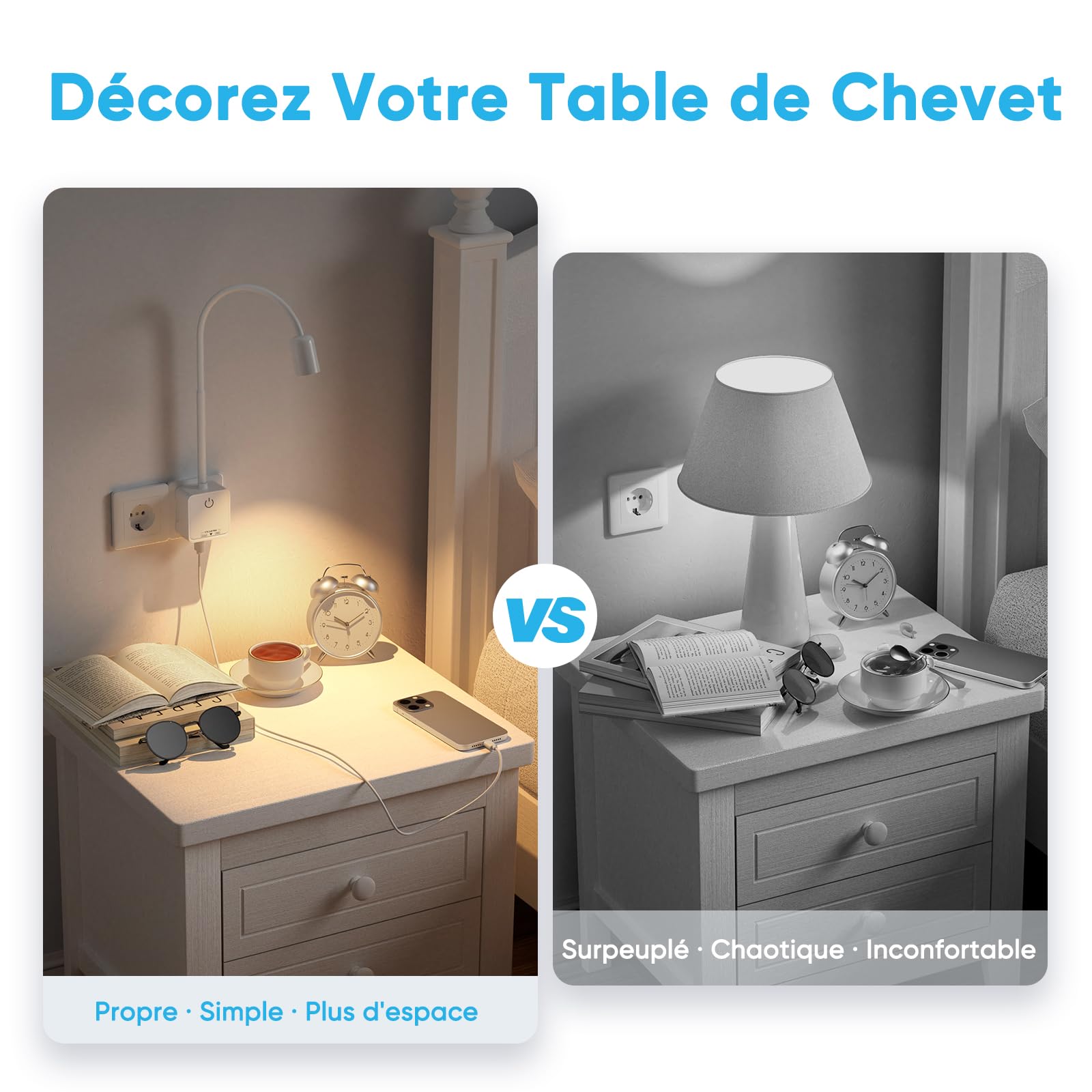 Lampes Appliques Murales, 2 Pack Blanc Lampes Lecture de Chevet Spot LED Dimmable avec Prise et Charge de Sortie USB pour Chambre, 3 Températures de Couleur, Angle Eclairage de 50°