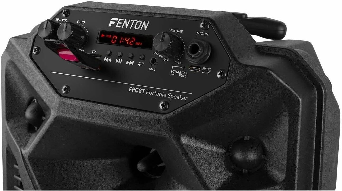 Fenton FPC8T – Altavoz Karaoke portátil 100W con batería Bluetooth 5.0 USB SD AUX micrófono Incluido Efectos Eco y Voz Luces LED Ruedas y asa telescópica Karaoke para Adultos y niños Fiestas
