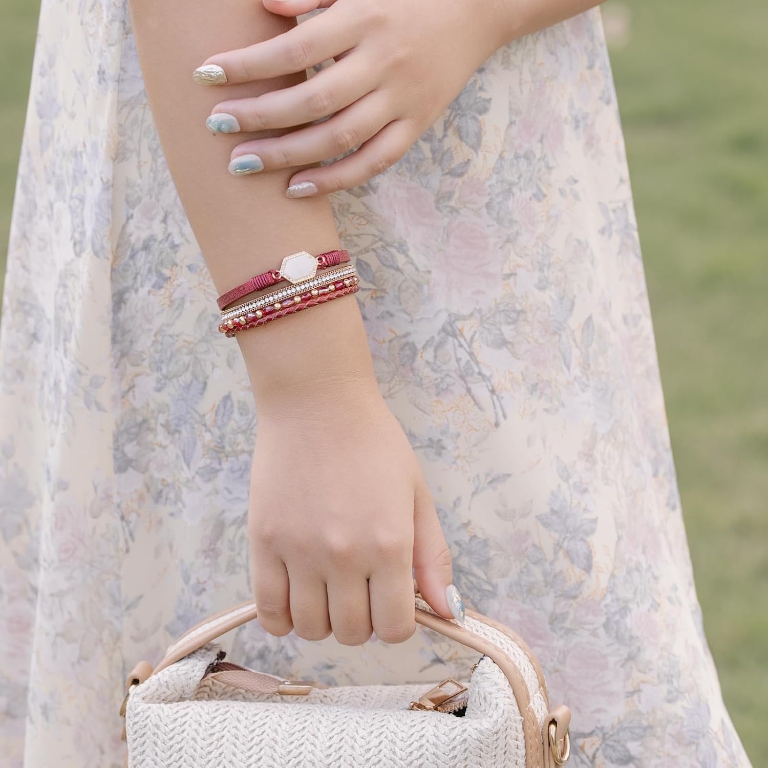 FANCY SHINY Crystal Beaded Leather Wrap Bracelet Stackable Boho Jewelry for Women Resin Stone Bangle Cuff with Magnetic Clasp - Image 3