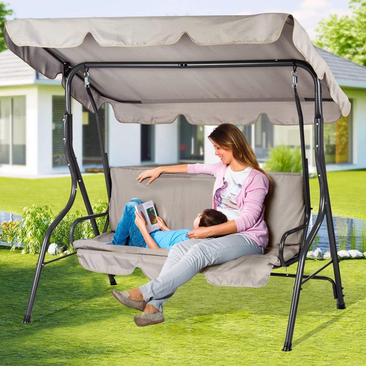 BAKAJI Dondolo da Giardino 3 Posti Altalena per Esterno Struttura in Acciaio con Tettuccio Regolabile Colore Beige
