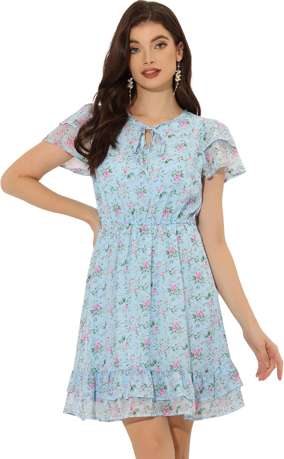 Allegra K Women's Ruffle Sleeve Self-Tie V Neck Flowy Ruffled A-Line Floral Chiffon Dress