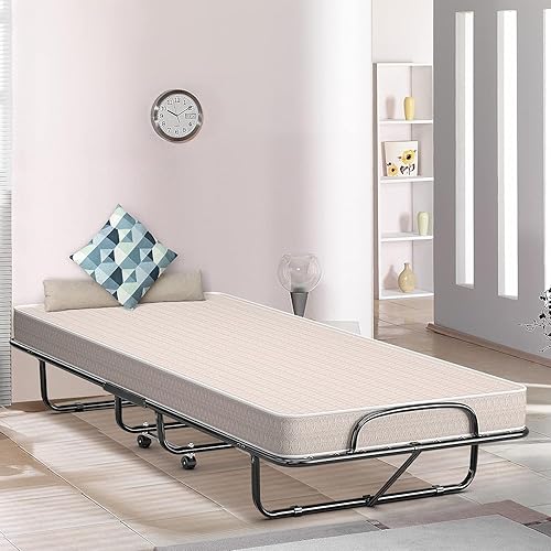 Miniatura 8 de HAPPYGRILL Cama enrollable, cama plegable con colchón de espuma viscoelástica de 5 pulgadas, marco de acero resistente, 4 ruedas universales, cama