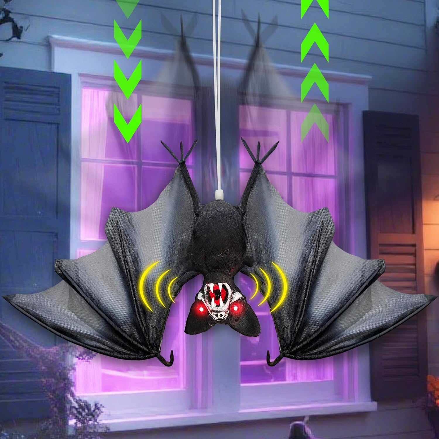 32 Inch Hanging Bats Halloween Animatronics Decorations, Up and Down Automatically & Sound Activated, Light-Up Red Eyes & Creepy Sound Scary Halloween Props for Outdoor Yard Patio Haunted House Decor