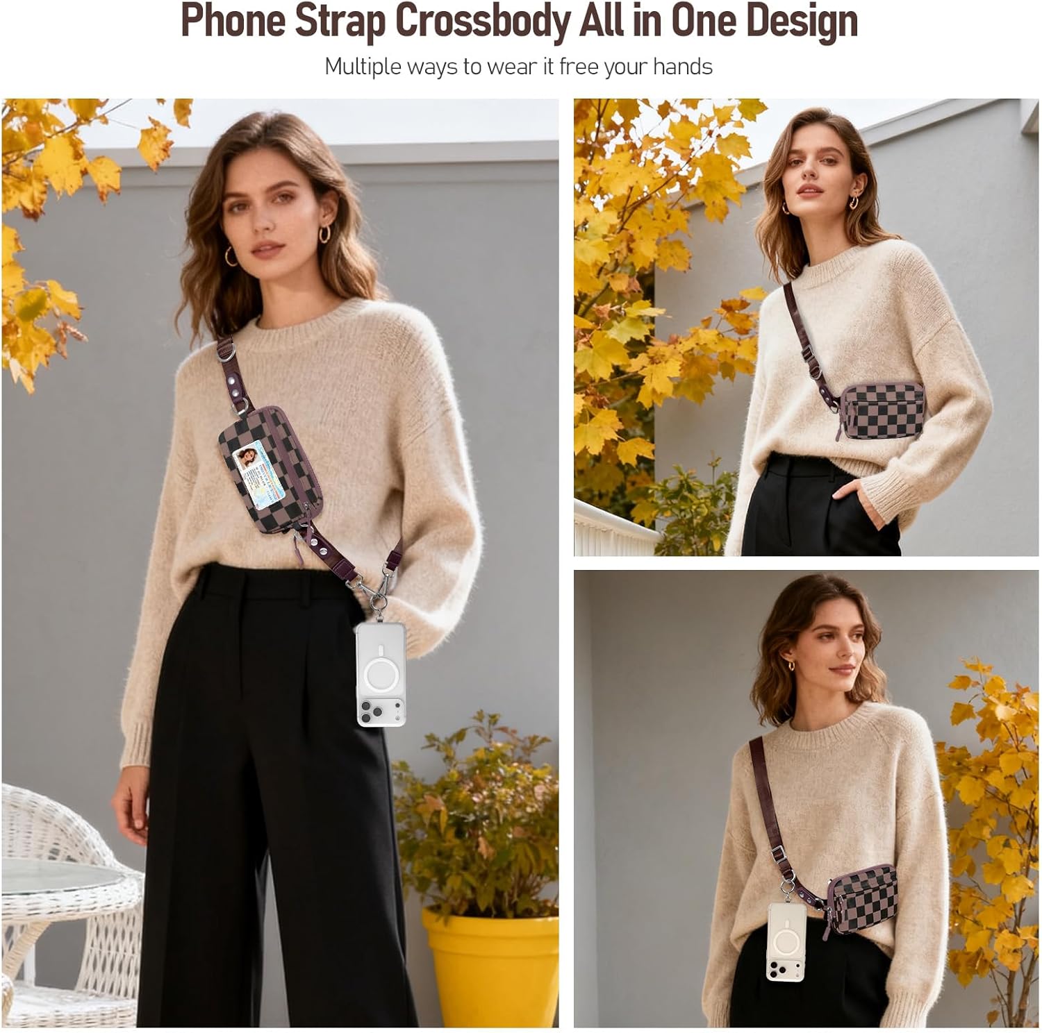 Clip and Go Strap for Phone with Wallet Crossbody Phone Lanyard and Detachable Checkered Bag with ID Window and RFID Pouch for Daily Travel. - Image 4