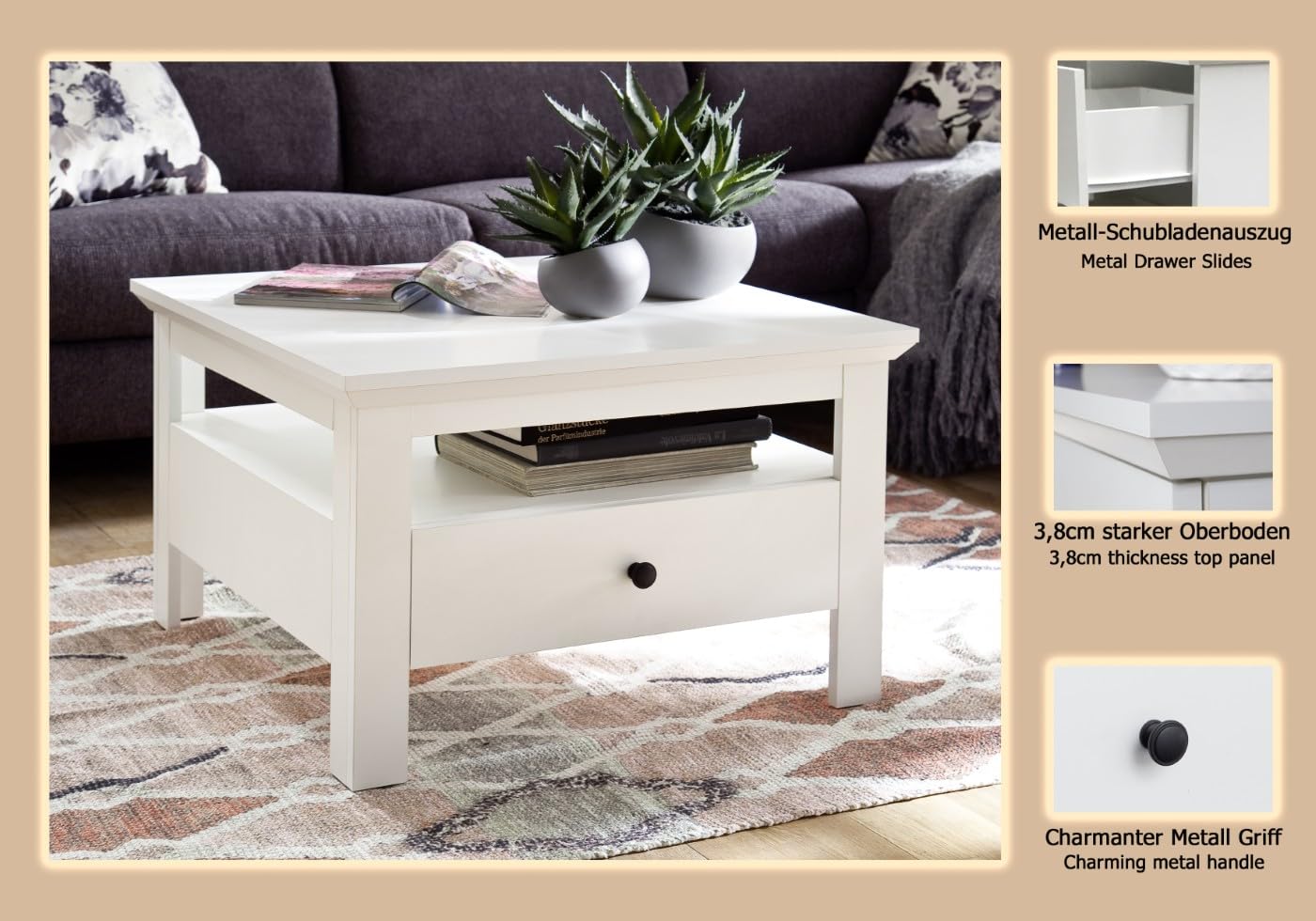 trendteam smart living - Universal - Couchtisch - Weiß Matt - Wohnzimmertisch mit Vollauszug Schublade - (BxHxT) 110 x 47 x 65 cm - Sofatisch mit zusätzlicher großer Ablagefläche