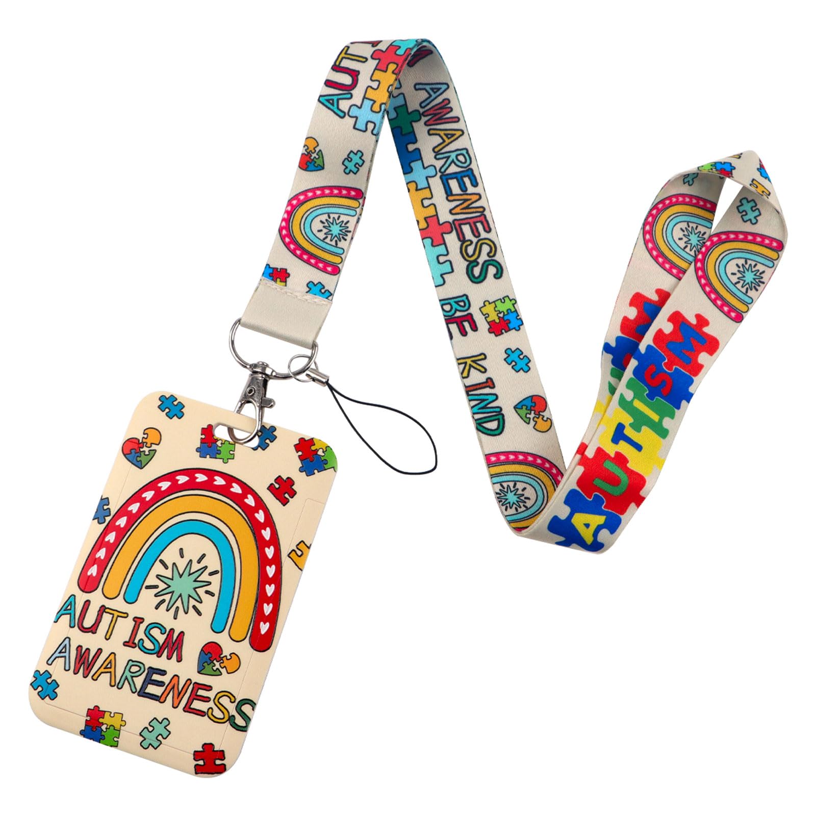 BKBKAAK Cute Rainbow Badge Holder with Lanyard, Autism Awareness Neck Lanyard & Sliding Card Holder, Be Kind Rainbow Keychain Lanyards for Kids, Nurse, Women