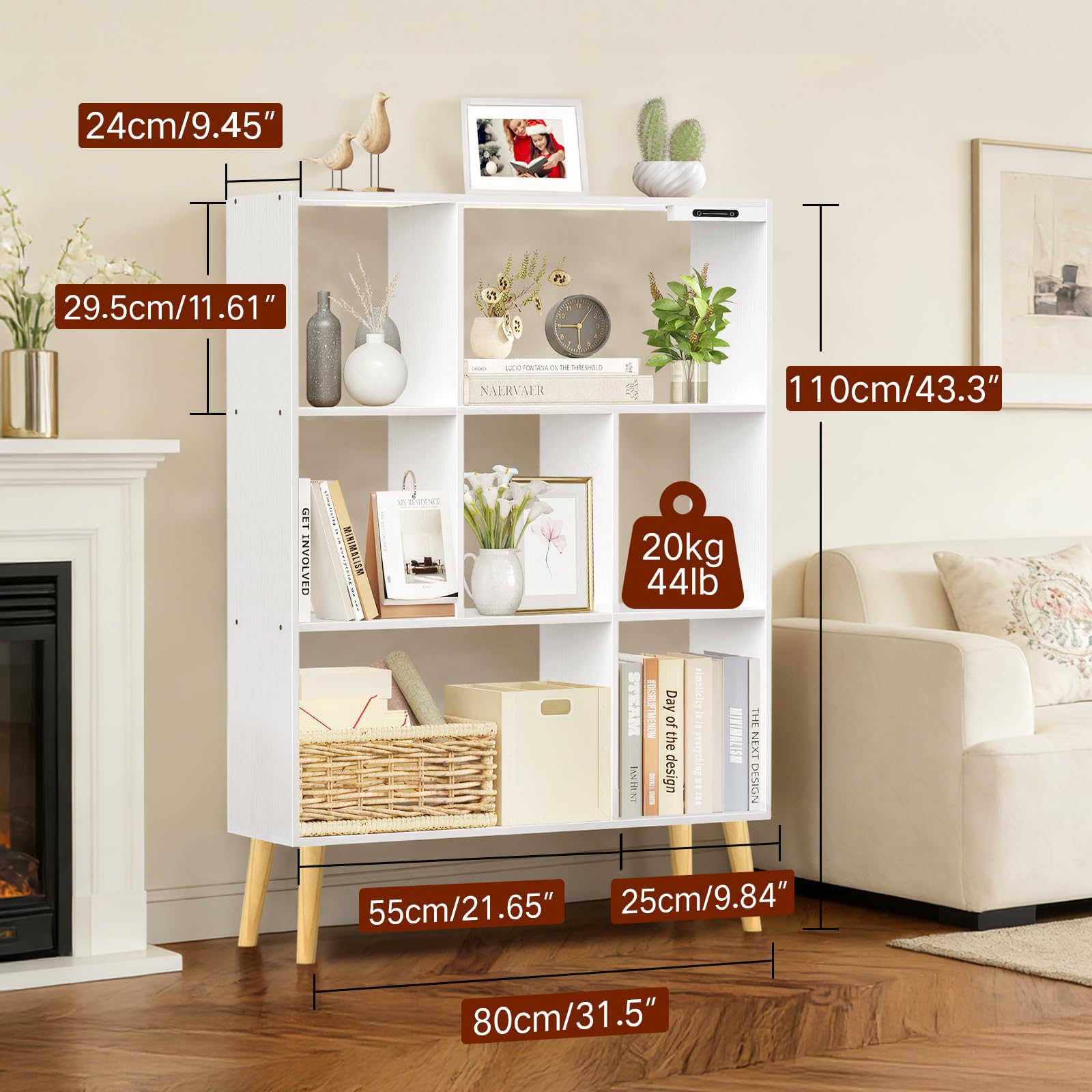Estantería de 7 Cubos con Luces LED, Control Táctil y Remoto, Librería Moderna Independiente Regulable, Organizador de Madera para Salón, Dormitorio u Oficina