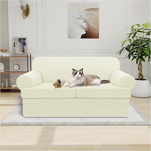 Miniatura 78 de Funda para sofá 100% impermeable, juego de 4 piezas, funda de sofá a rayas para sofá de 3 cojines, con parte inferior de TPU a prueba de fugas