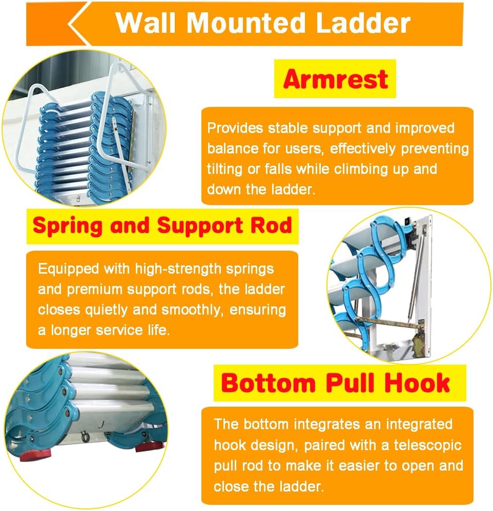 Attic Folding Ladder Attic Loft Stairs Wall Mounted Pull Down 14 Steps Extension Loft Ladder Blue Al-Mg Alloy Retractable Folding Stairs with Armrests 11.5ft Height 660lb Capacity