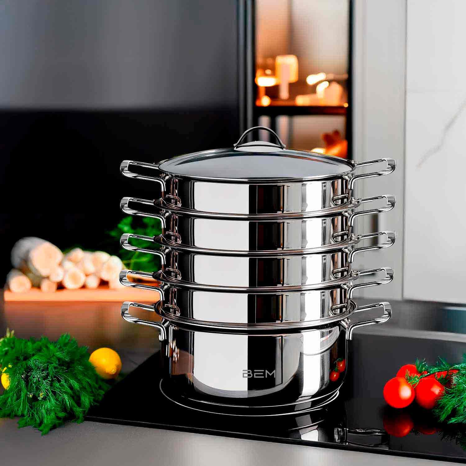BEM Dampfkocher: 6-tlg Set aus Edelstahl 18/10, Ø 28 cm, Mantowarka | Dampfgarer Topf mit Glasdeckel und Dampfeinsatz, für Induktionsherd geeignet