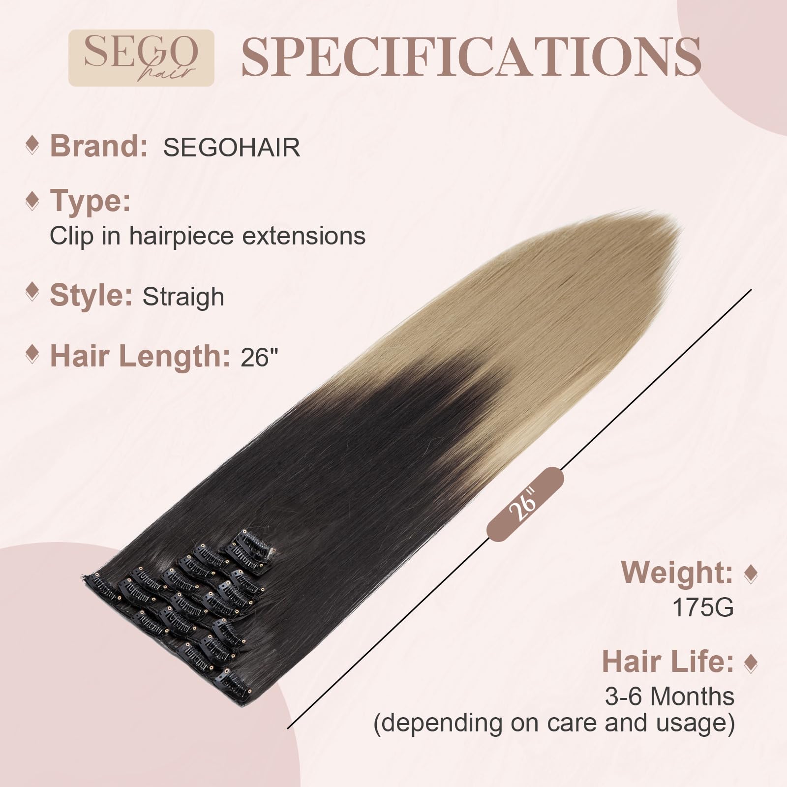 SEGOHAIR Hair Extensions Clip in 8Pcs 18 Clips Synthetic Fiber Seamless 26" Long Straight Full Head -Dark Brown to Ash Blond - Image 3