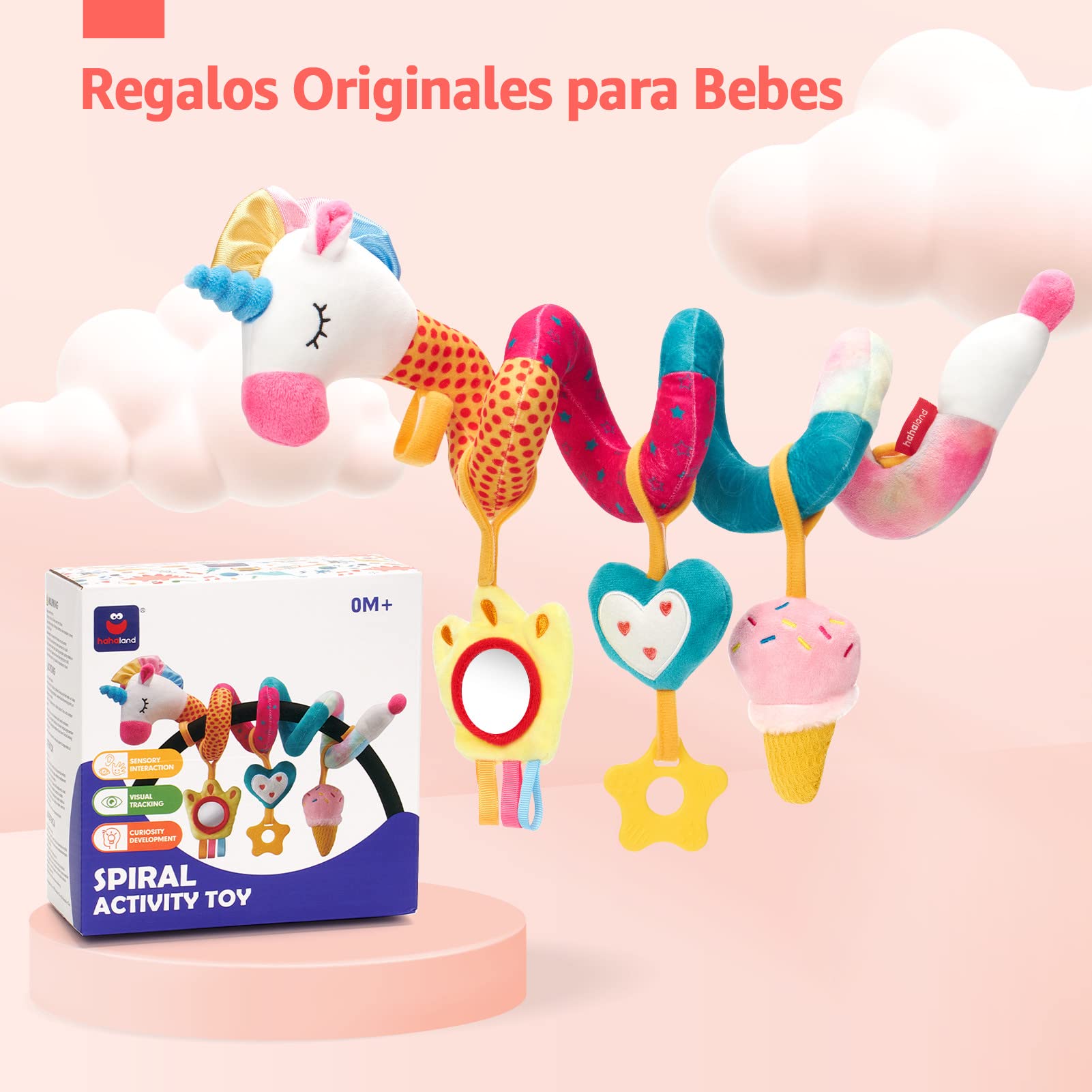 hahaland Colgantes para Cochecitos Juguetes Bebes 0 3 6 12 Meses, Espiral Actividades Juguetes Colgantes con Mordedor y Sonajero, Suave Peluches para Bebes Niños y Niñas Regalos Originales