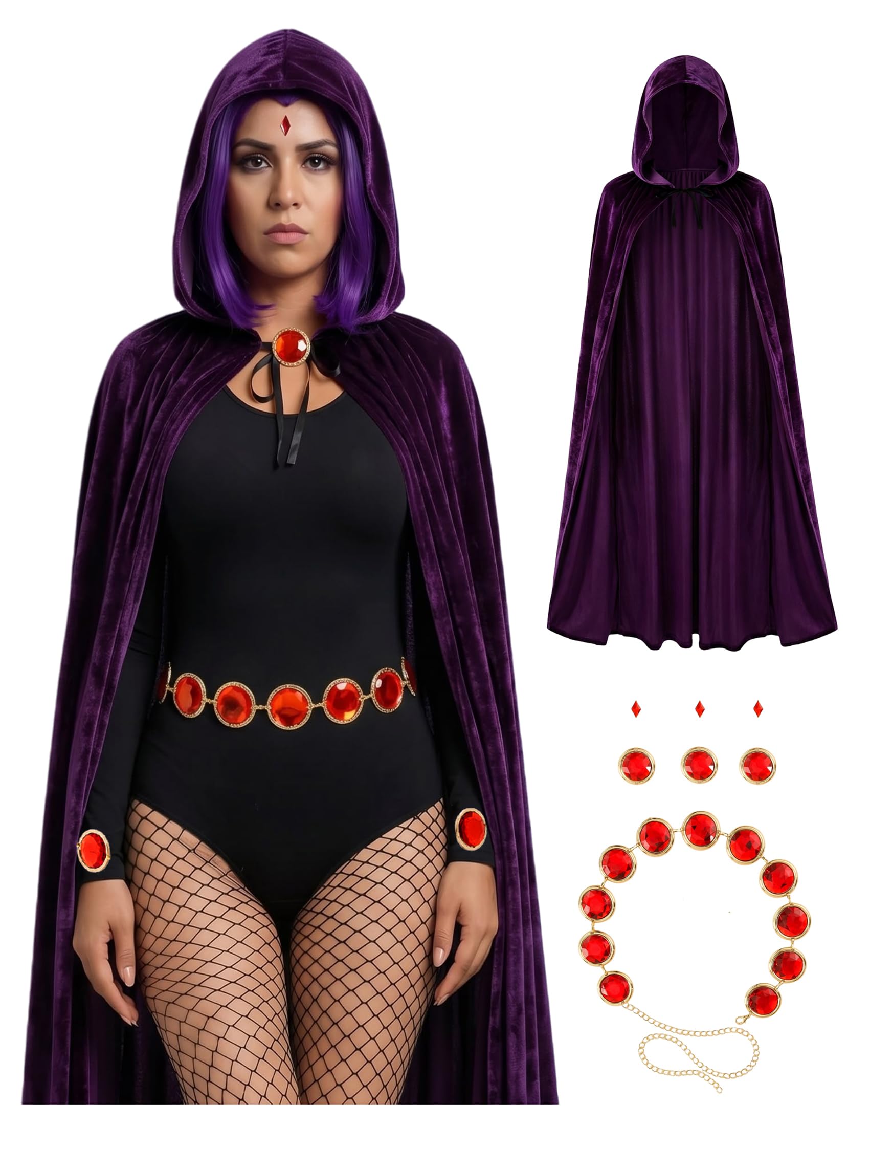 Purple Cape Cloak with Hood Waist Belt Womens Halloween Costumes Cosplay