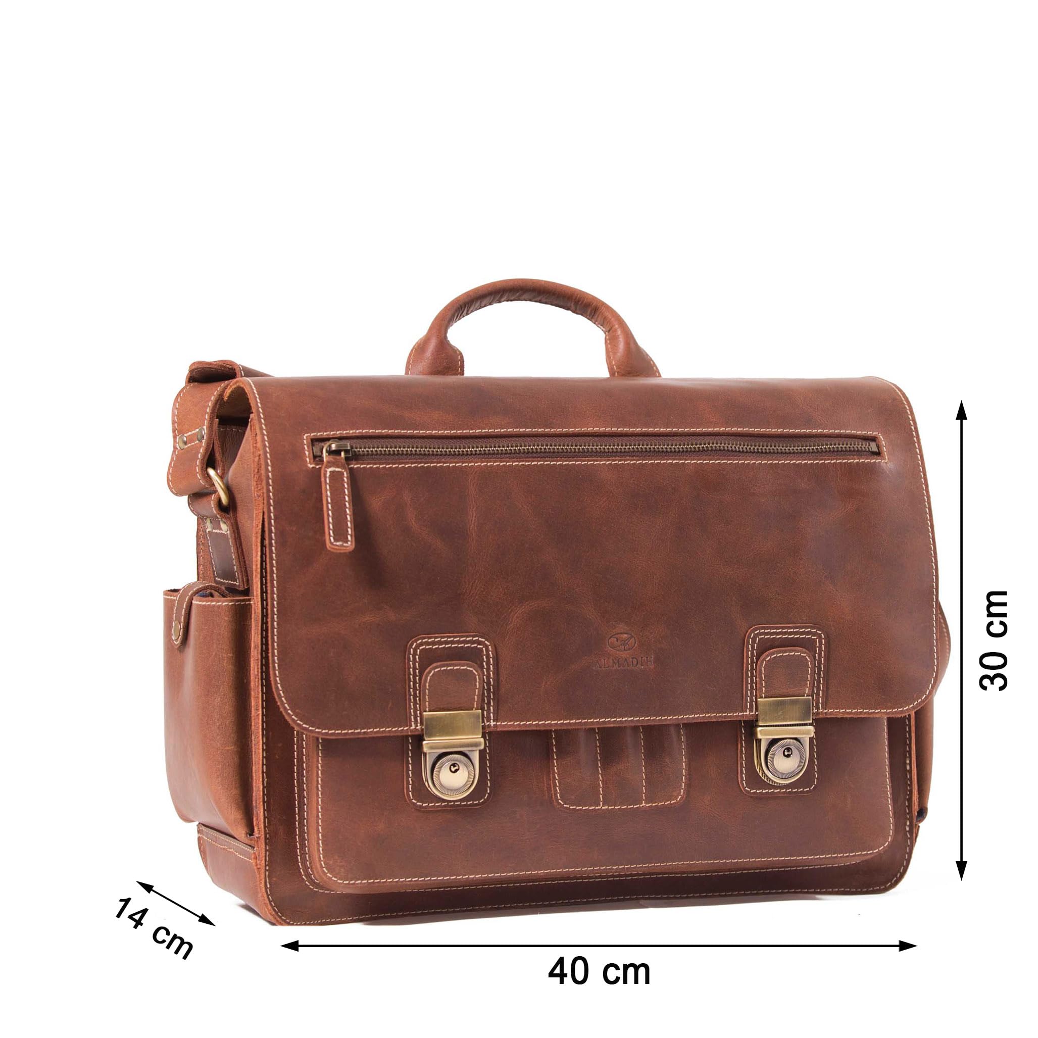 ALMADIH Leder Messenger *WILL* handgefertigt aus robustem Premium Rindsleder braun Vintage Sattlerqualität - Umhängetasche Laptoptasche Notebook Businesstasche Lehrertasche Unitasche Schultertasche
