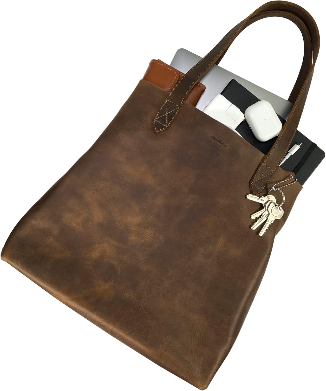 Heather's, Classic Tote Bag, Shoulder Bag, Spacious Handbag, Vintage Style Purse, Travel and Shopping, Full Grain Leather, Handmade, Bourbon Brown - Image 4