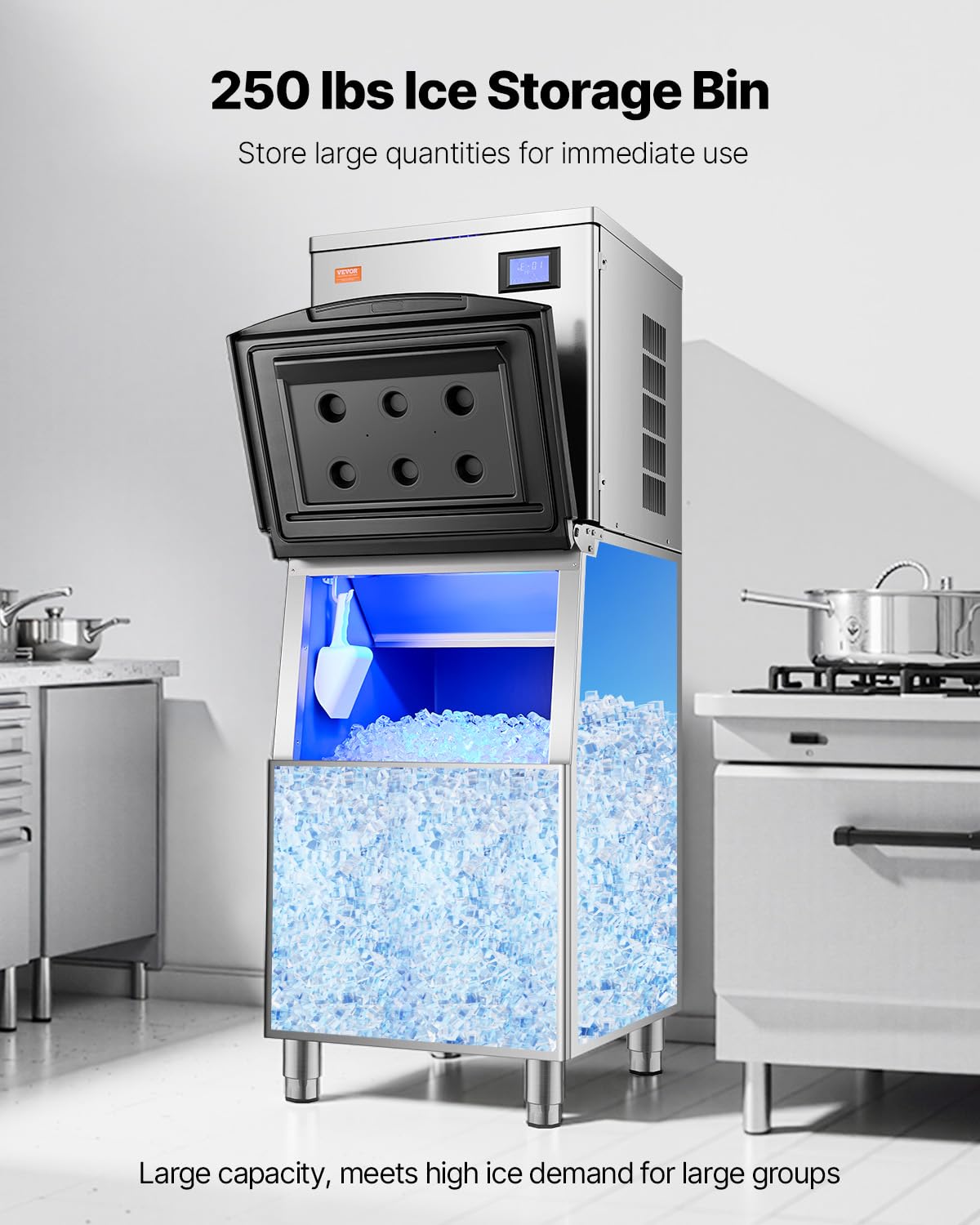 Interjeras view of the VEVOR LSB250 ice storage bin filled with ice