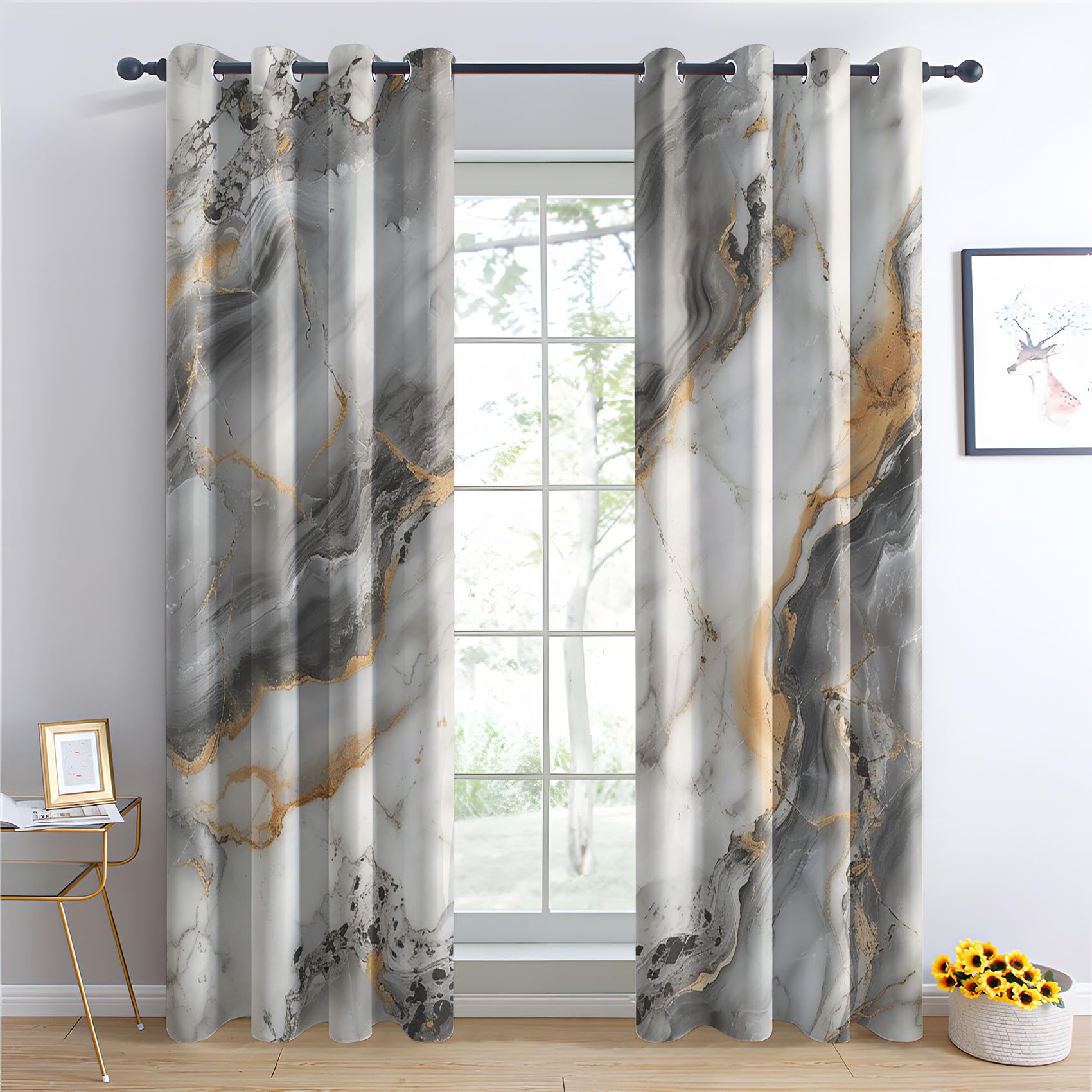 Luxus Marmor Vorhang, Grau Gold Marmor Gardinen mit Ösen 2er Set Verdunkelungsvorhang, Abstrakte Marmor Vorhänge, Wohnzimmer Schlafzimmer Kinderzimmer Blickdichte vorhänge, 220x215 cm1&-ua232
