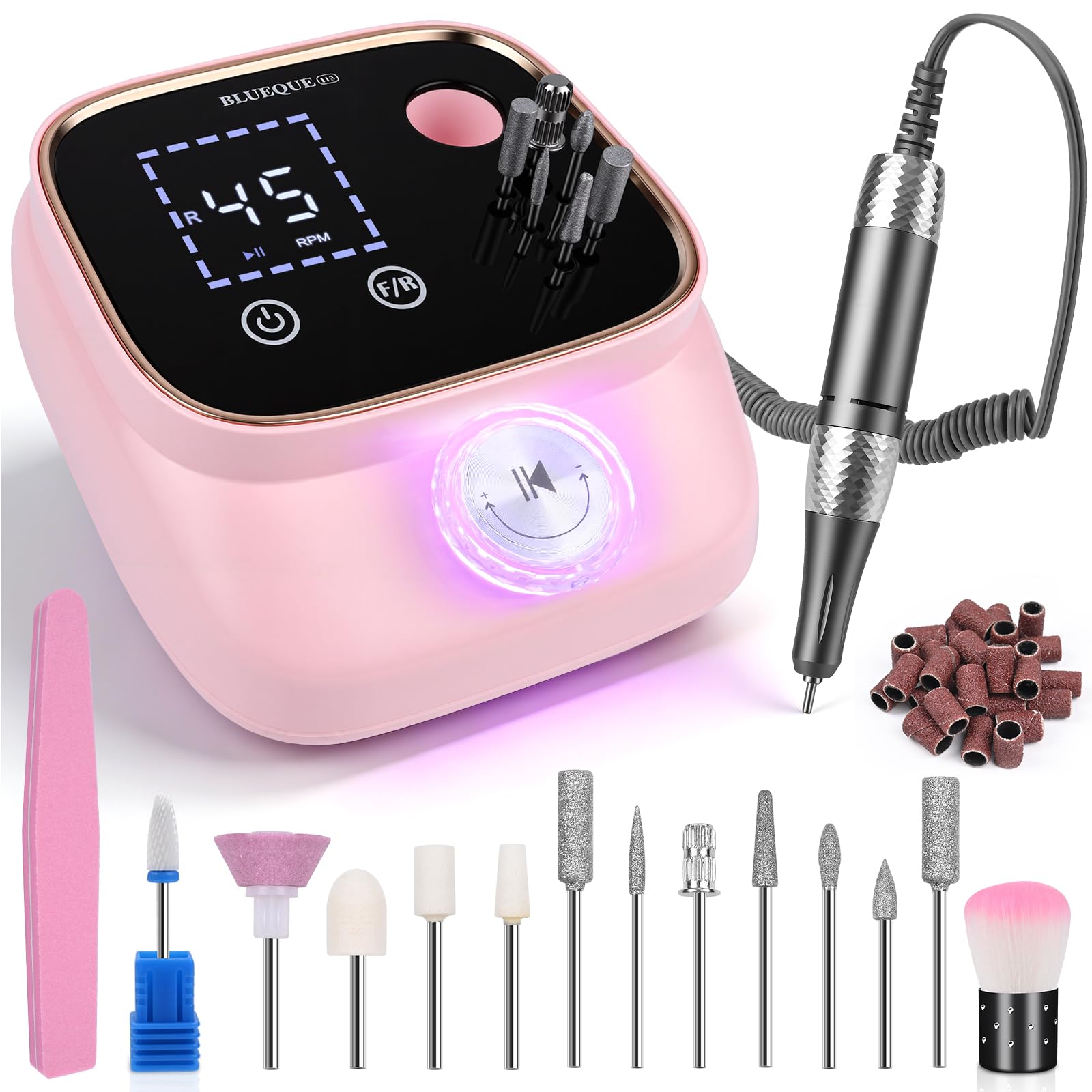 Dreamhigh® Torno para Uñas Profesional 45 000 RPM, Lima Eléctrica Uñas, Fresa para Uñas, Kit de Lima de Uñas Portátil, Manicura y Pedicura, Taladro Eléctrico para Retirar Gel/Esmalte, Rosa