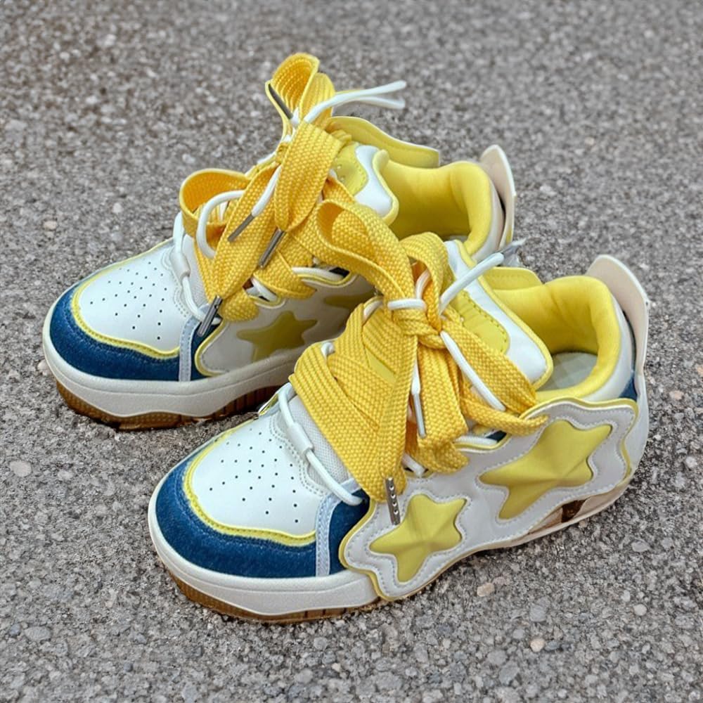 Loizziuy Star-Studded Skateboard-Inspired Casual Sneakers Retro for Women Girl for Summer Travel & Everyday Wear Gift (US 5.5,Yellow,5.5)