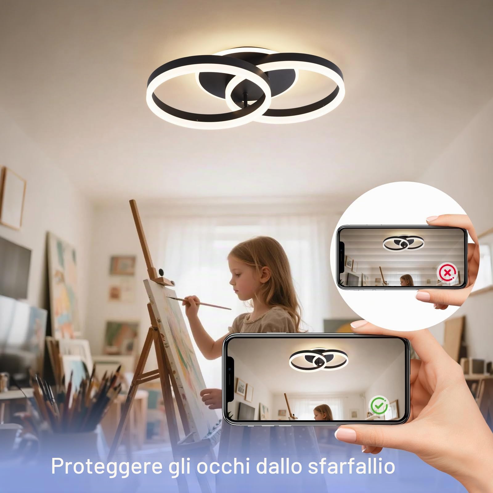 Smart Plafoniera LED Alexa, φ50 cm Design 2 Ring, Lampada da Soffitto 36W, Dimmerabile con Telecomando, Metallo+Acrilico, per Cucina, Camera da letto, Sala da Pranzo Nero
