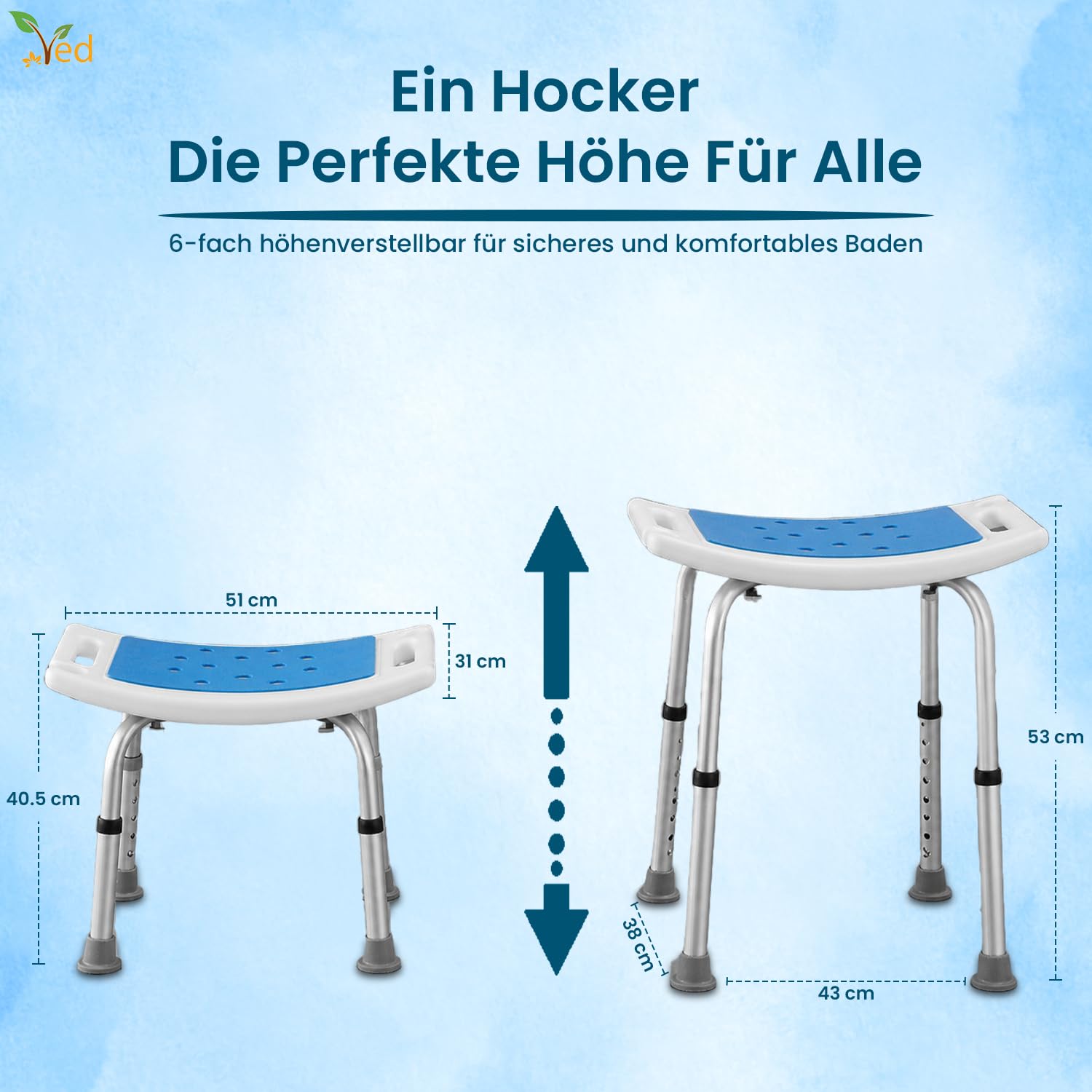 VED Verstellbarer Rutschfester Duschhocker – Leichter rostfreier Aluminium-Badestuhl für Senioren, Behinderte, Schwangere, nach Operationen, 38 bis 51 cm (52.50x52.00x39.50cm)