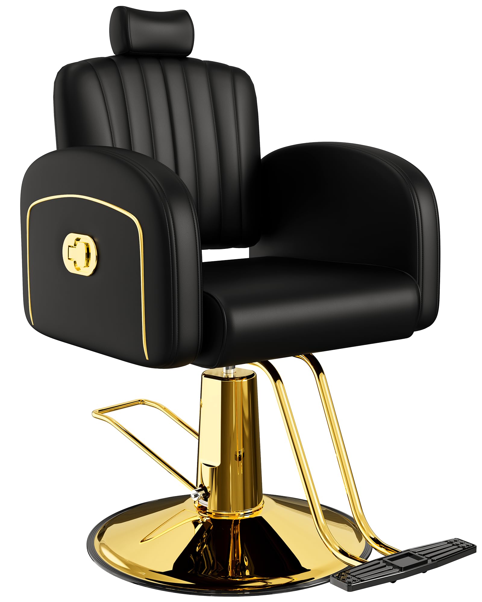 Baasha Black & Gold Reclining Salon Chair with Removable Headrest, Memory Foam Cushion, Heavy-Duty Hydraulic Barber Chair, Soft PU Leather, 440 lbs