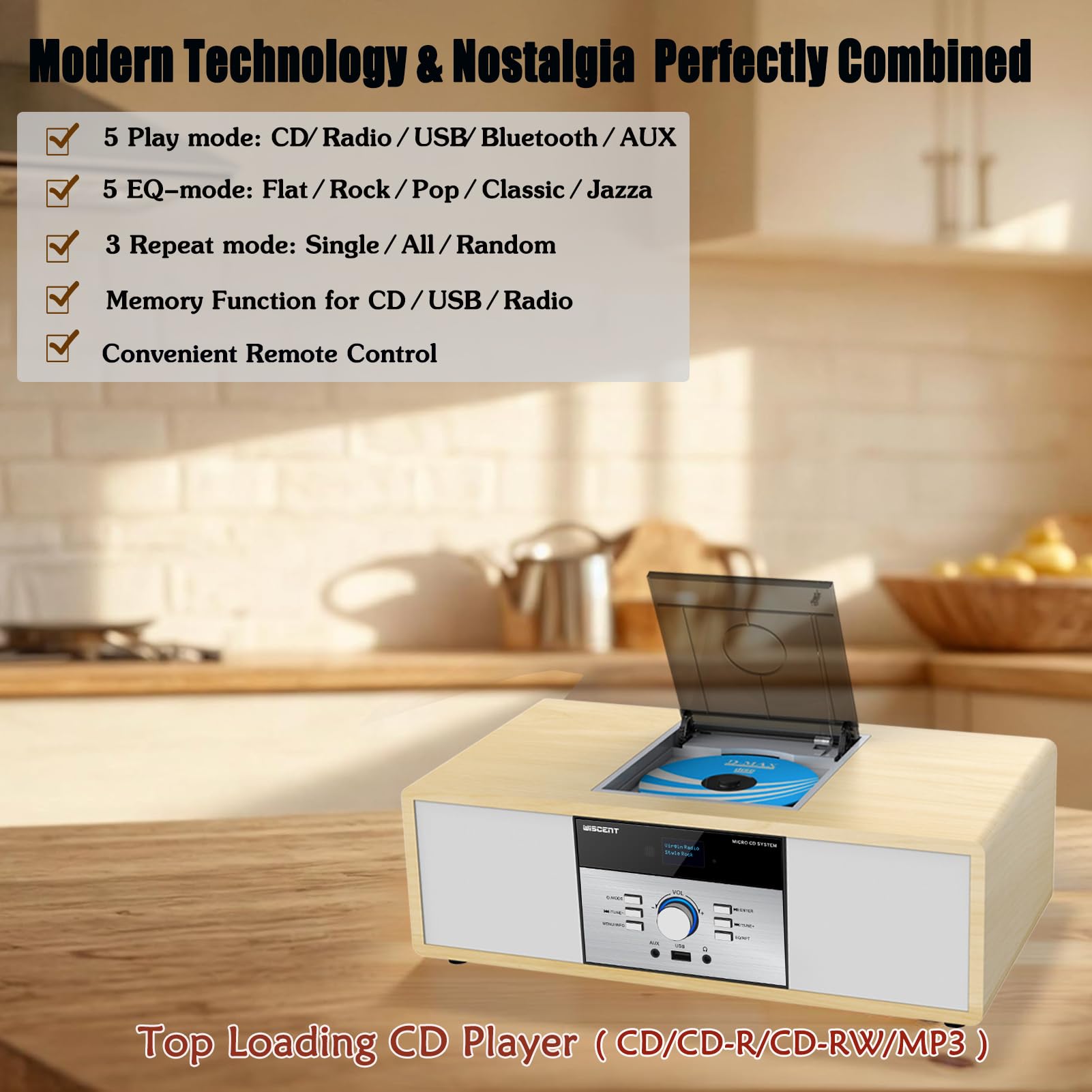 Chaine Hi-Fi Radio DAB+ Lecteur CD Bluetooth FM USB 30W Télécommande Design Rétro
