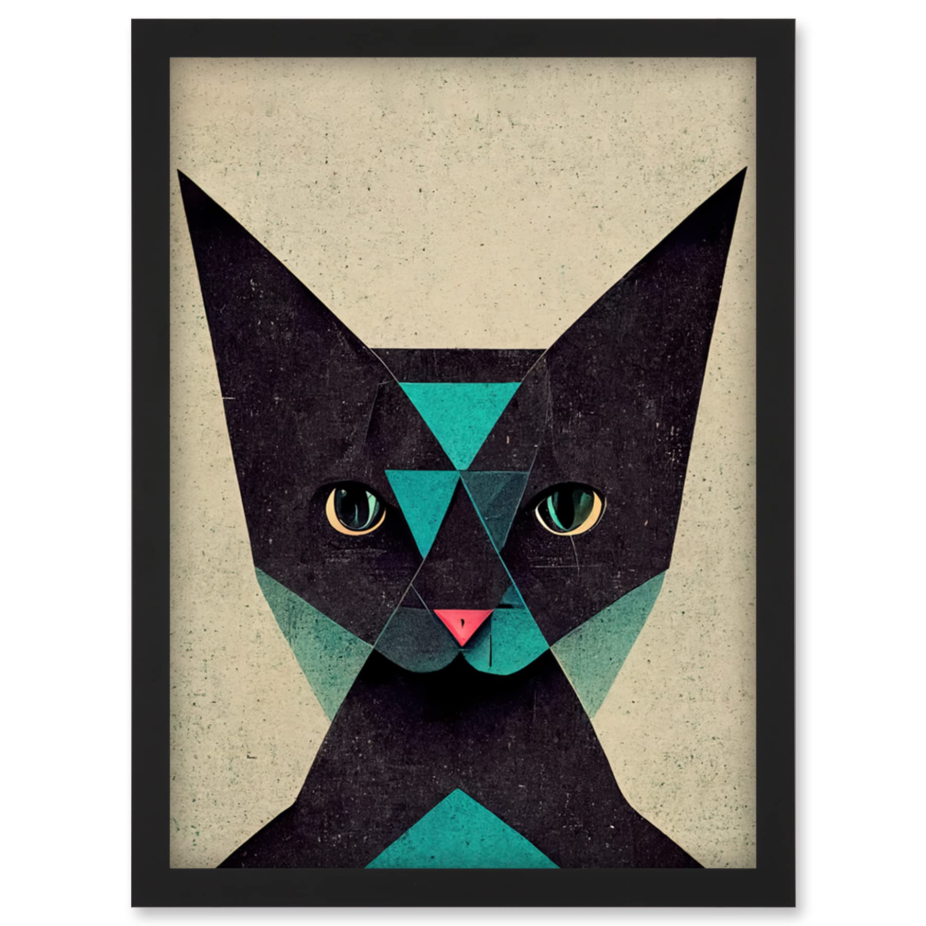 Artery8 Geometric Black Cat Teal Fun Quirky Wall Art PrintA4 Size from B&Q